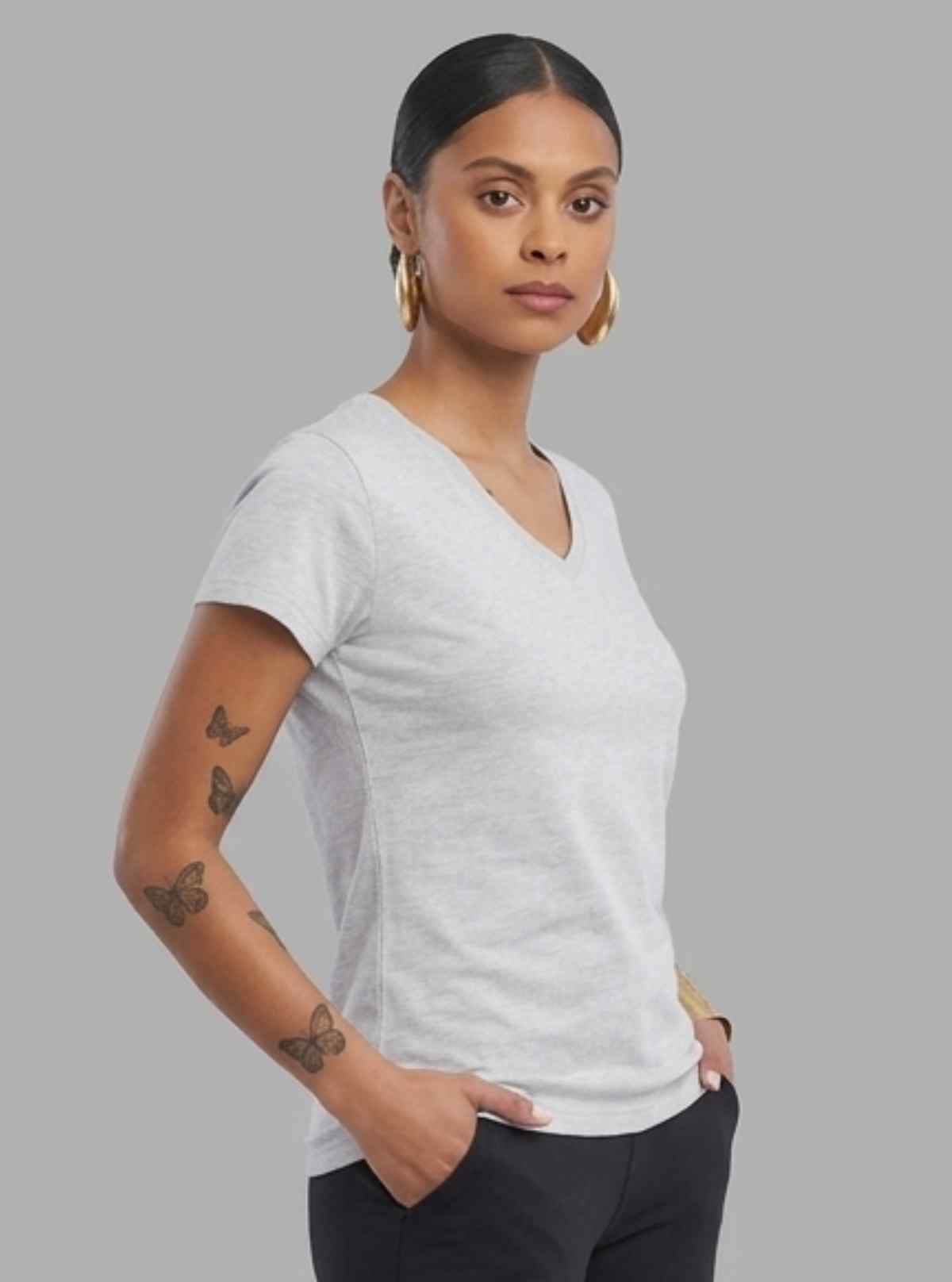 Women’s White Melange V-Neck  Short Sleeve Cotton Jersey T-Shirt by Boer and Fitch