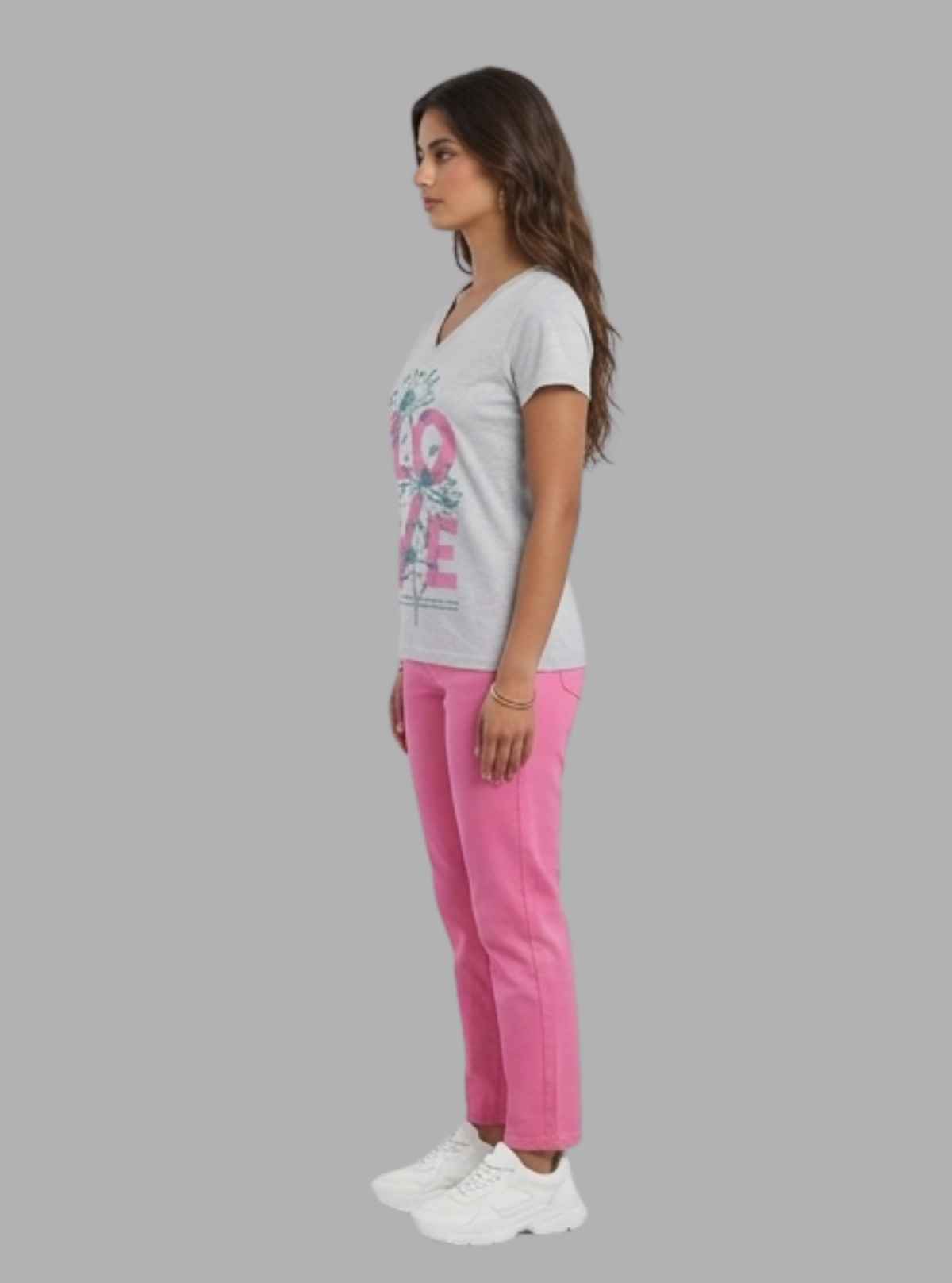 Women’s White Melange V-Neck Love Printed Short Sleeve Cotton Jersey T-Shirt by Boer and Fitch