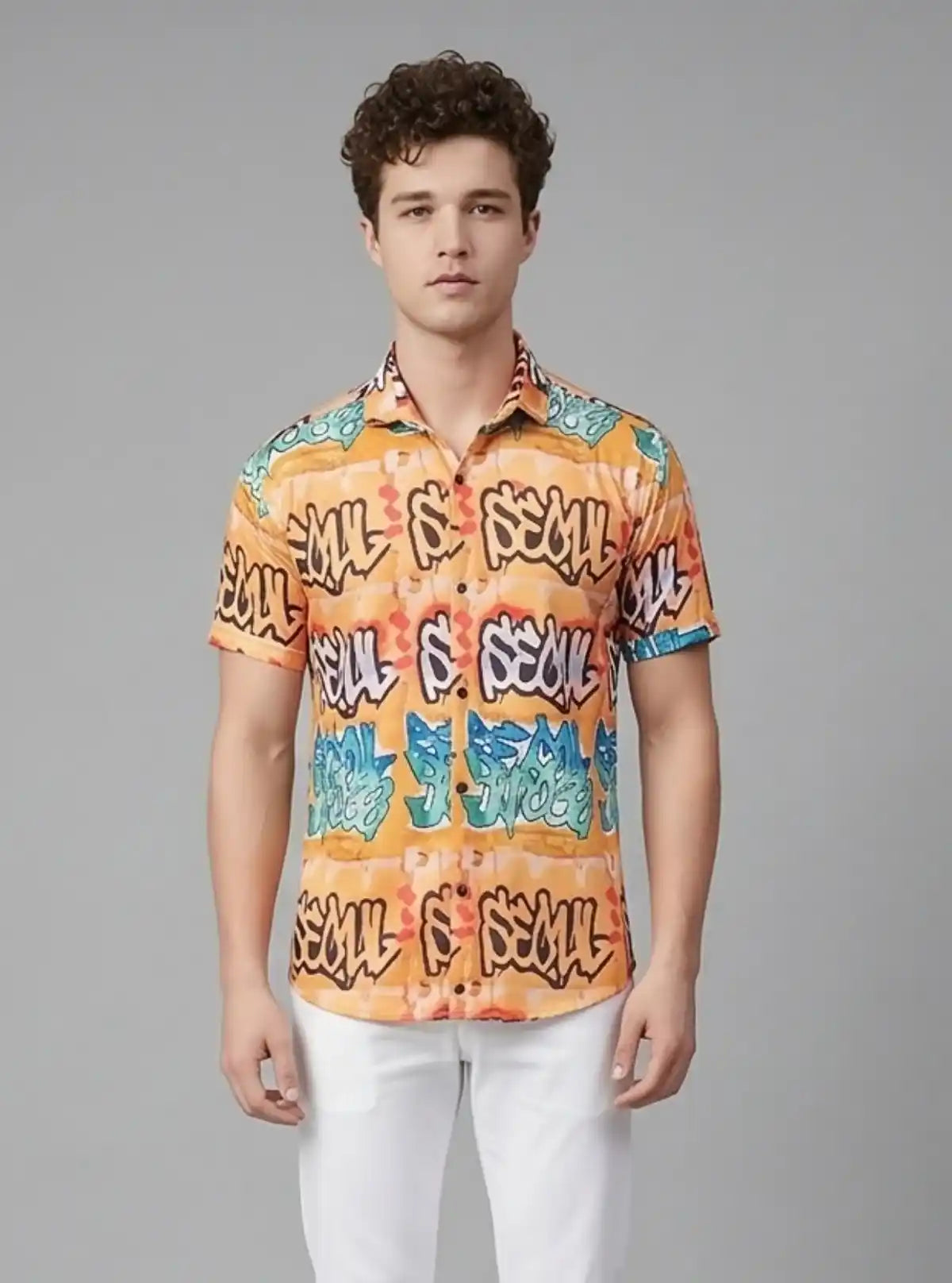Men’s Yellow Seoul Graphic Print Shirt in Polyester Spun | Boer & Fitch