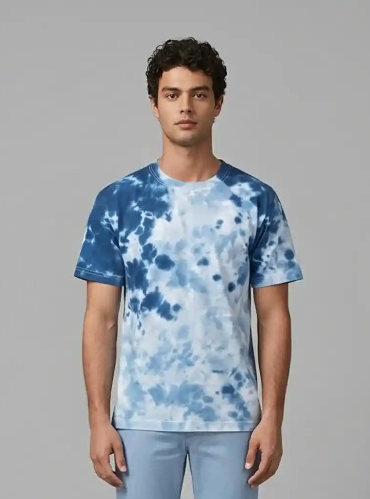 Men’s Blue Tie and Dye T-Shirt – Handcrafted Cotton Crew Neck Tee