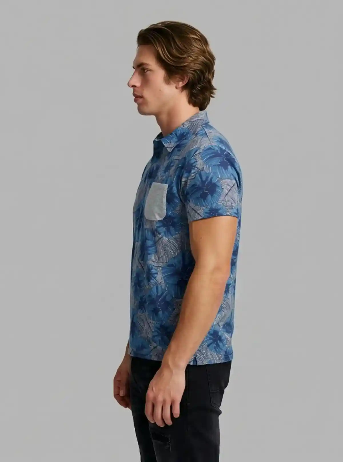 Men’s Blue Abstract Print Polo T-Shirt with Patch Pocket – Artistic & Modern Fit