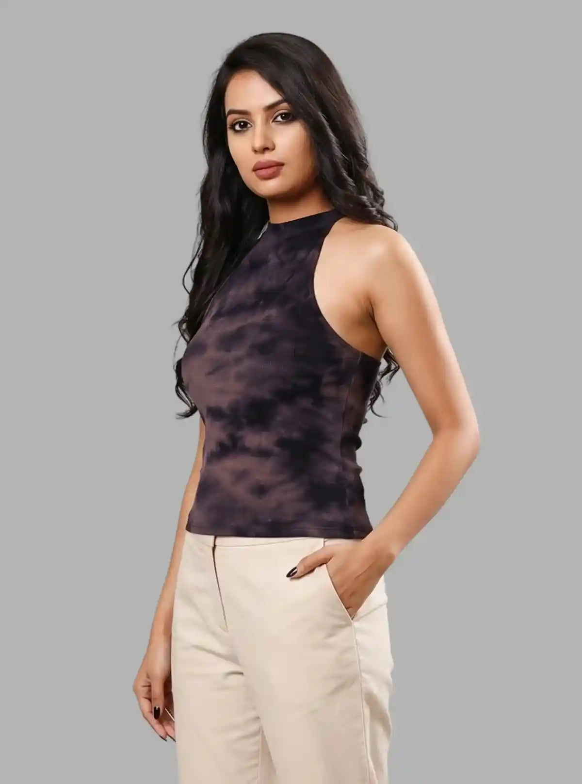 Women's Brown Tie and Dye Racer Neck Crop Top in Cotton Durby Knit