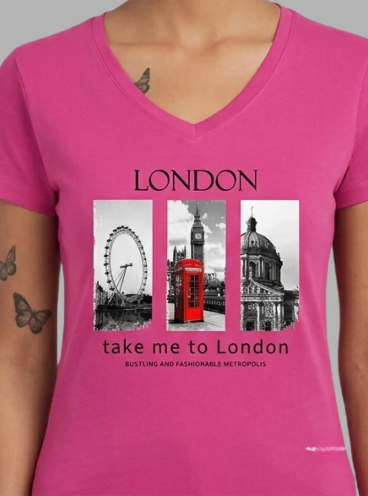 Women’s Fuchsia V-Neck Printed Short Sleeve Cotton Jersey T-Shirt by Boer and Fitch