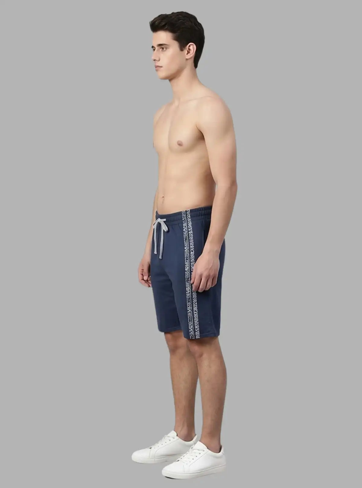 Boer and Fitch Navy Printed Fleece Shorts for Men Cotton Casuals