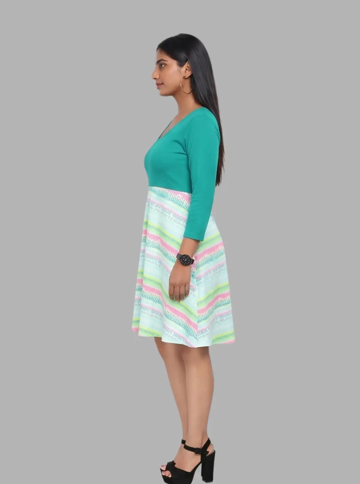 Women's Green Graphic Sweep Dress in 100% Cotton Feather Touch Fabric