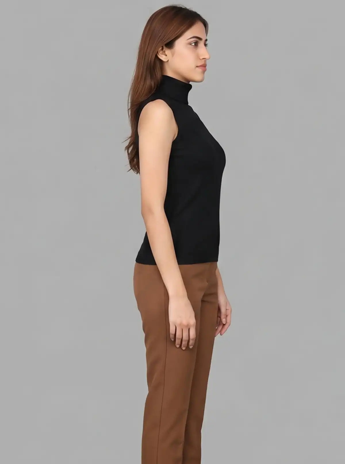 Women’s Black Sleeveless Cotton Ribbed Turtle Neck Top