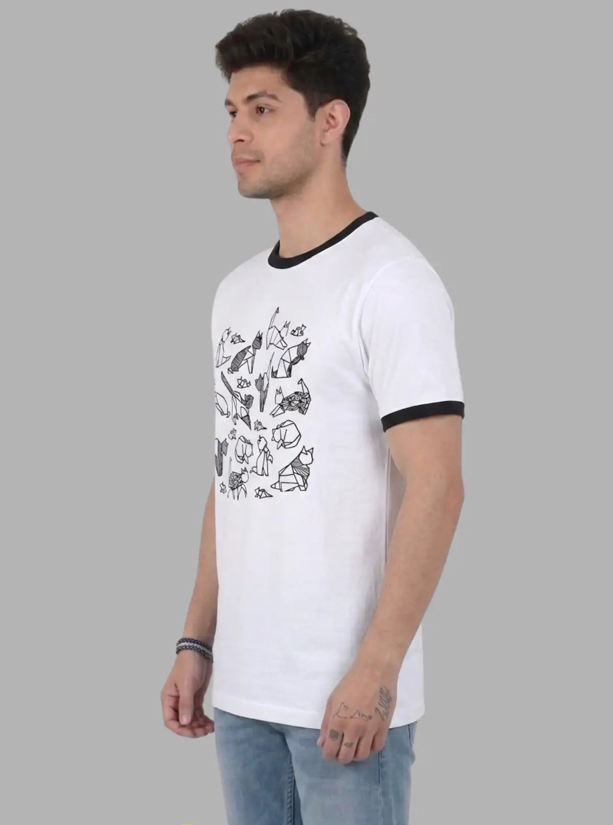 Men’s White Origami Print T-Shirt with Contrast Detailing – Bold Graphic Tee