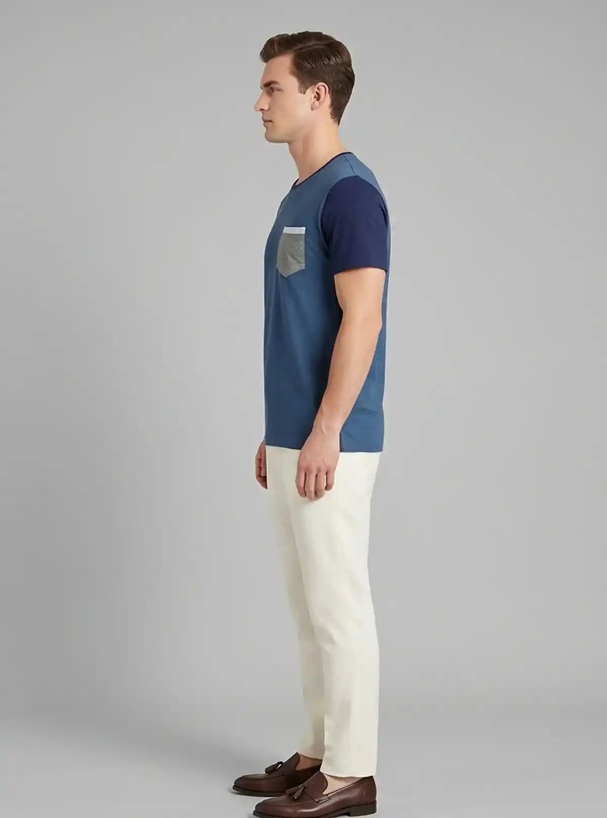 Men’s Navy Contrast Sleeve T-Shirt with Patch Pocket – Smart Casual Wear