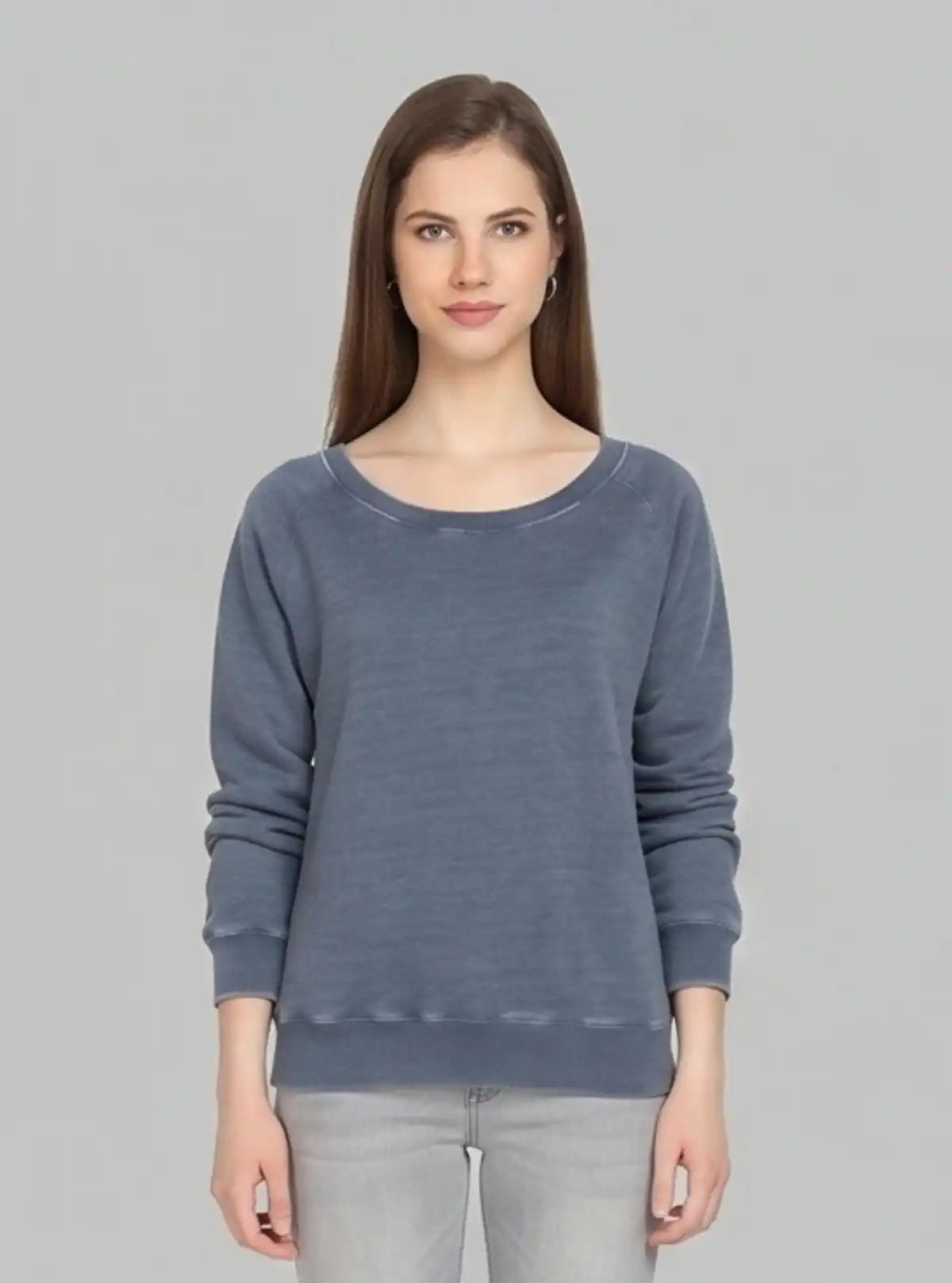 Women’s Blue Garment Dyed Round Neck Cotton Fleece Pullover