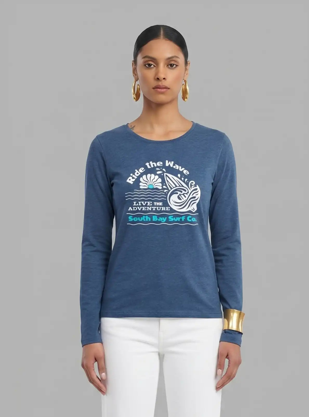 Women's Prussian Blue Crew Neck Wave Print Cotton Jersey Long Sleeve T-Shirt by Boer and Fitch