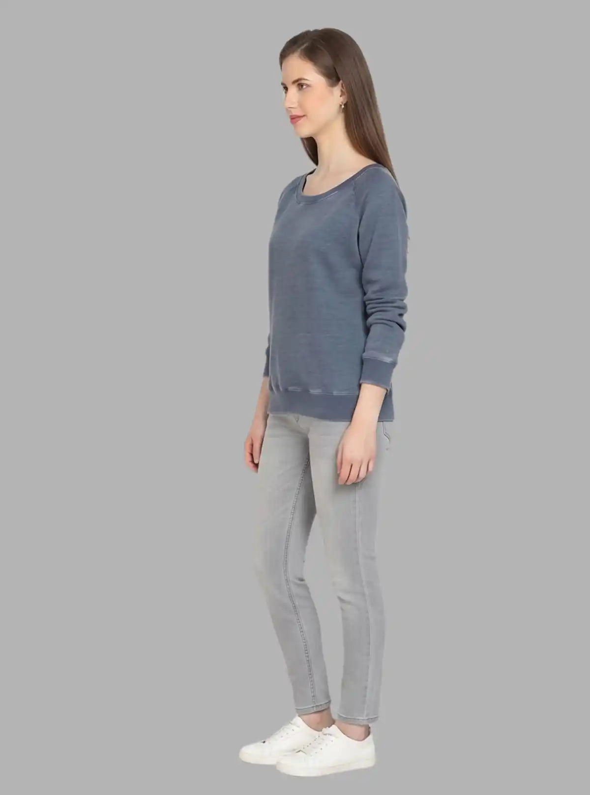 Women’s Blue Garment Dyed Round Neck Cotton Fleece Pullover