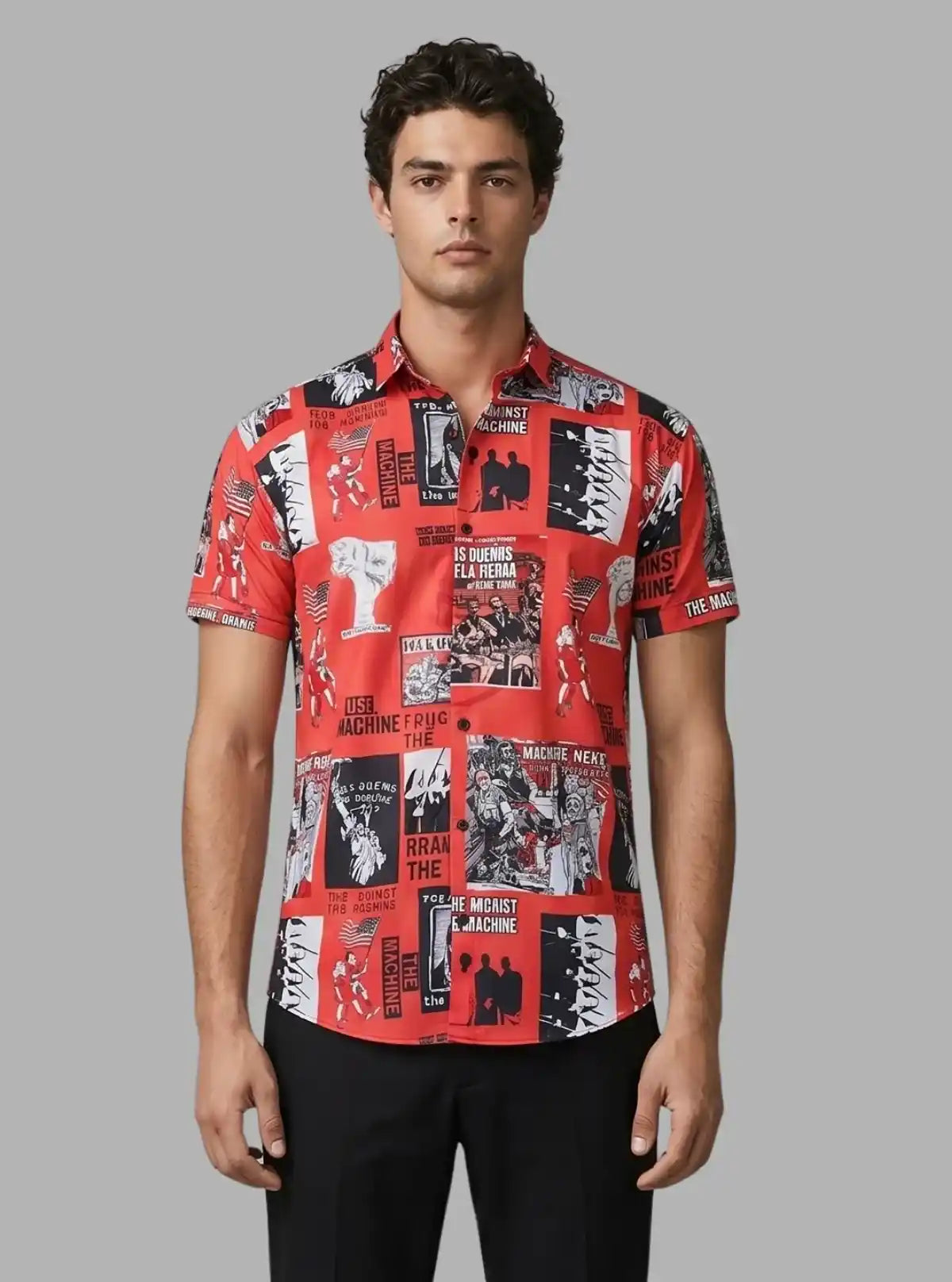Men’s Red Photo Printed Poly Shirt – Bold & Artistic Casual Wear by Boer & Fitch