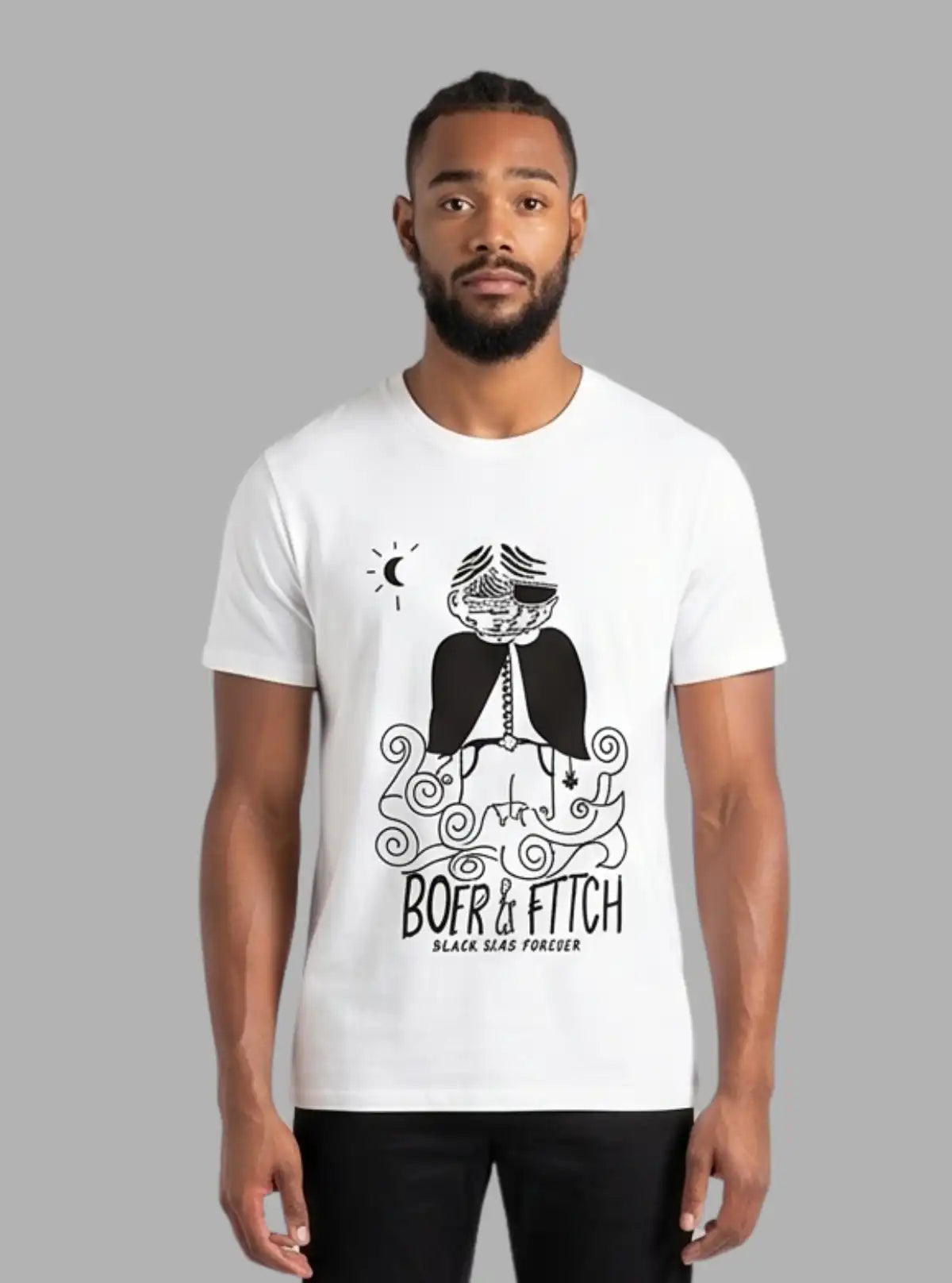 Men's White Crew Neck T-Shirt with Devil Print in 100% Cotton Jersey