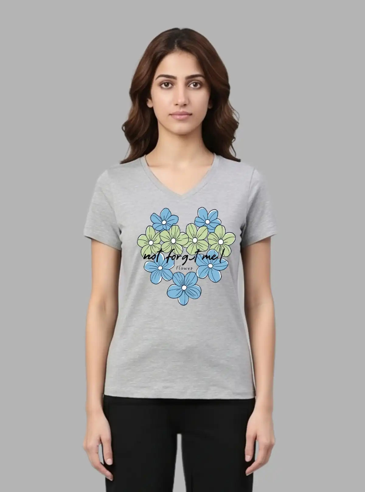 Women's Grey Melange V-Neck Nature Print Short Sleeve Cotton Jersey T-Shirt by Boer and Fitch