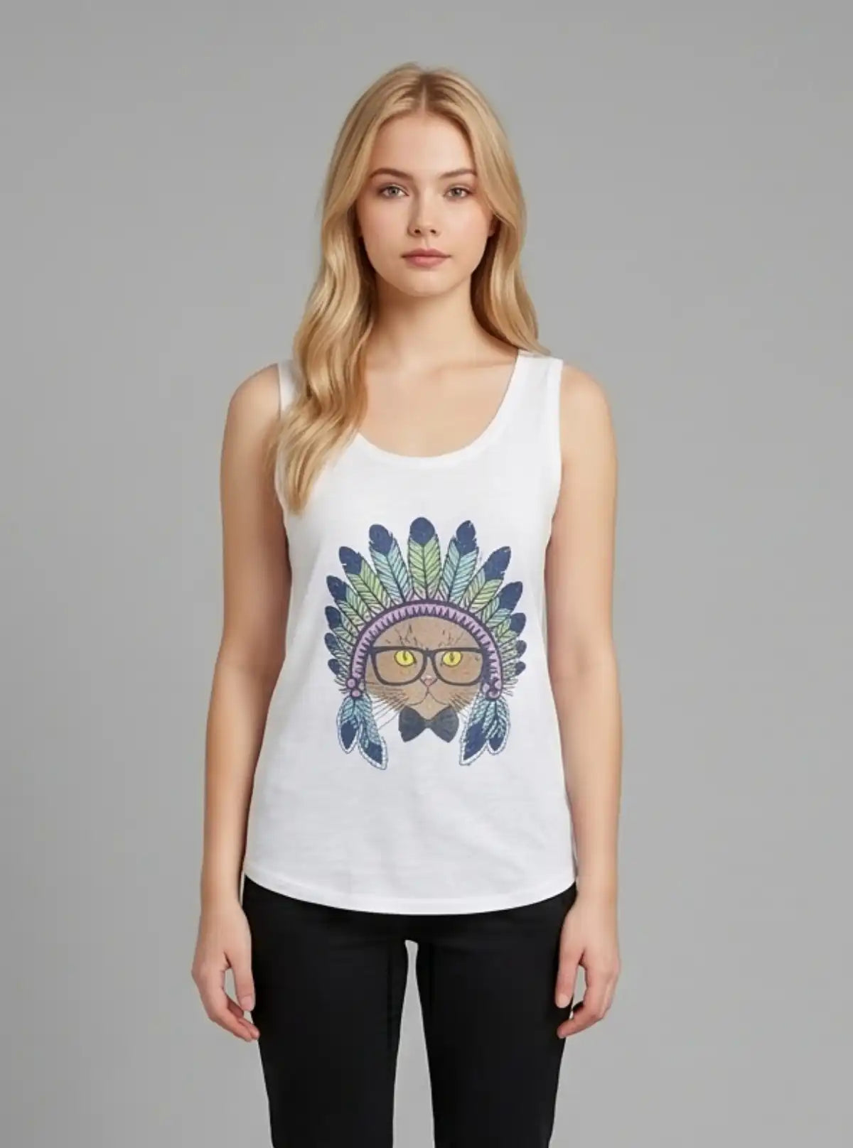 Women’s Feather Mask Printed Sleeveless T-Shirt – Stylish & Comfortable | Boer & Fitch