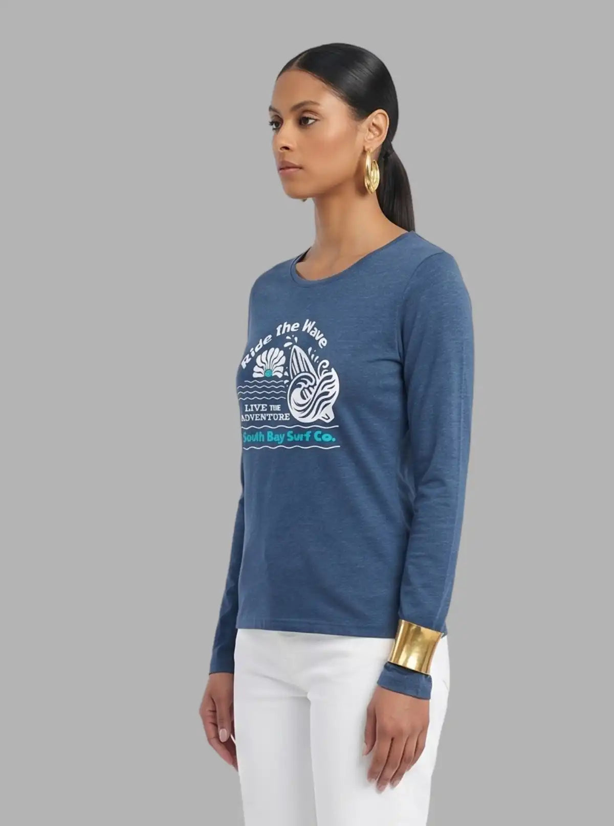 Women's Prussian Blue Crew Neck Wave Print Cotton Jersey Long Sleeve T-Shirt by Boer and Fitch