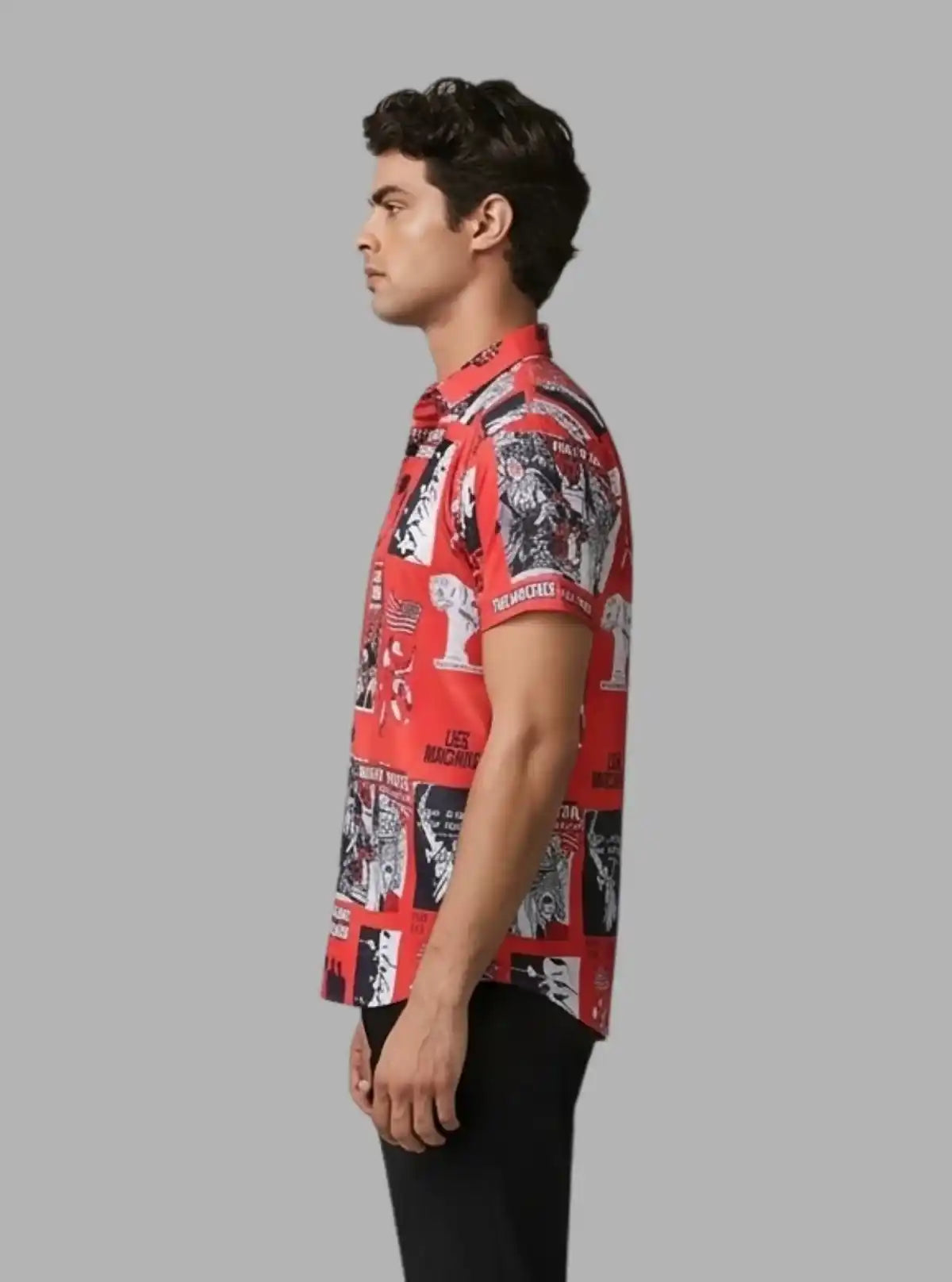 Men’s Red Photo Printed Poly Shirt – Bold & Artistic Casual Wear by Boer & Fitch