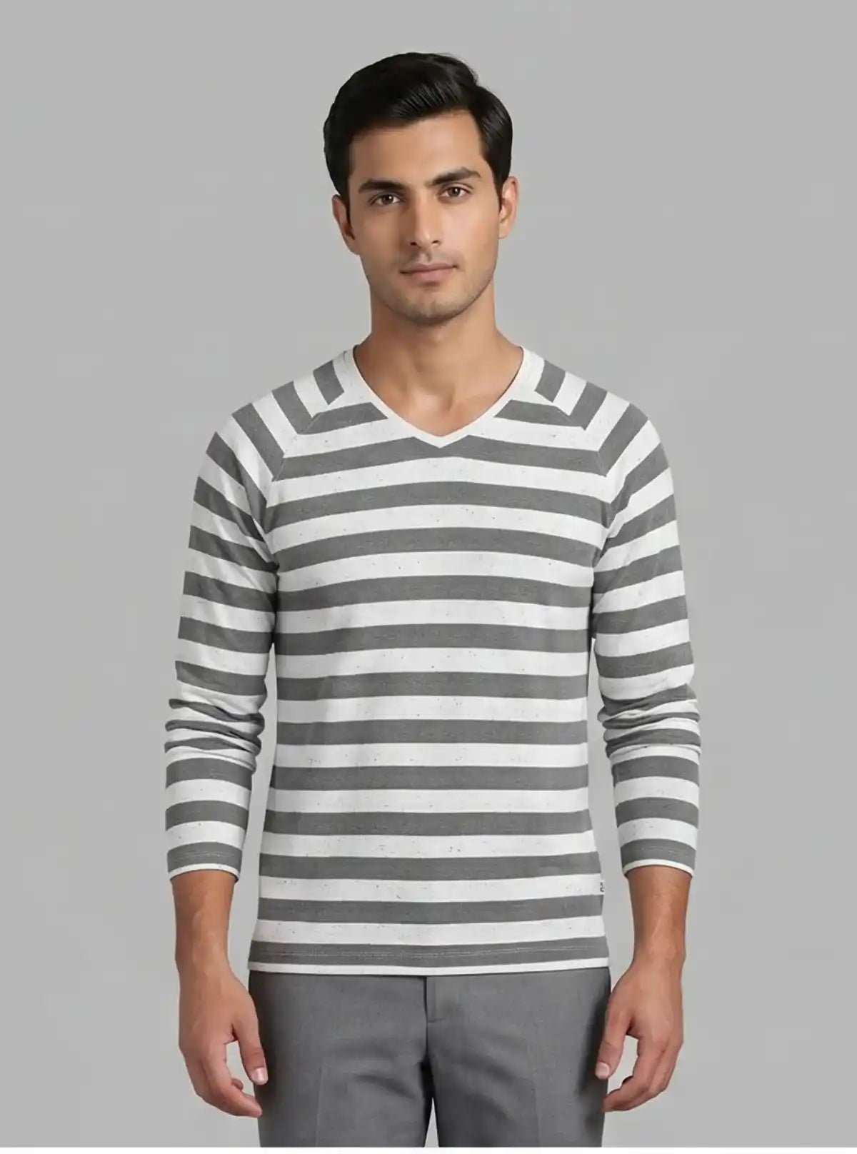 Men’s Grey Striped Full Sleeve V-Neck T-Shirt – Classic Comfort & Style