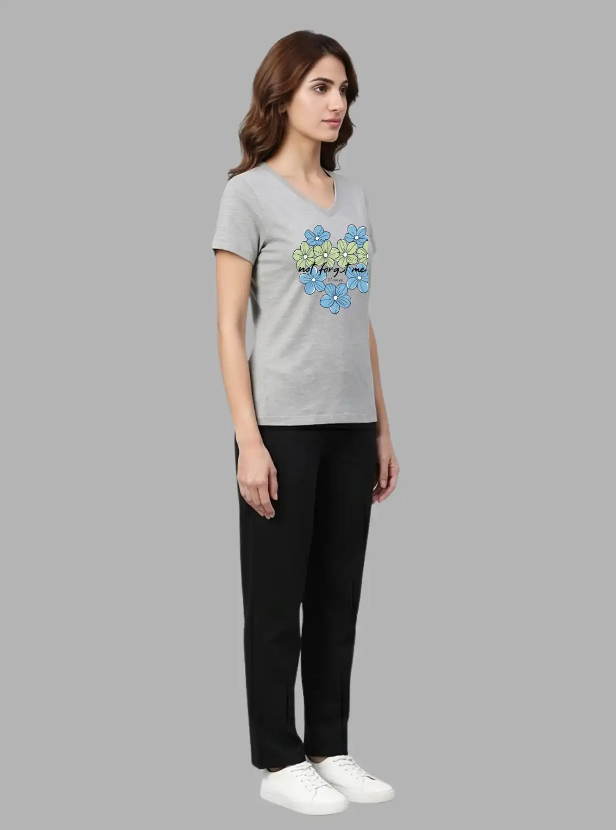 Women's Grey Melange V-Neck Nature Print Short Sleeve Cotton Jersey T-Shirt by Boer and Fitch