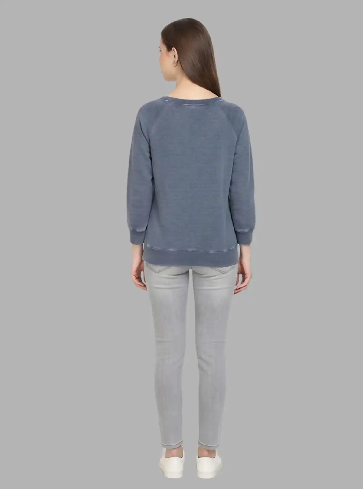 Women’s Blue Garment Dyed Round Neck Cotton Fleece Pullover
