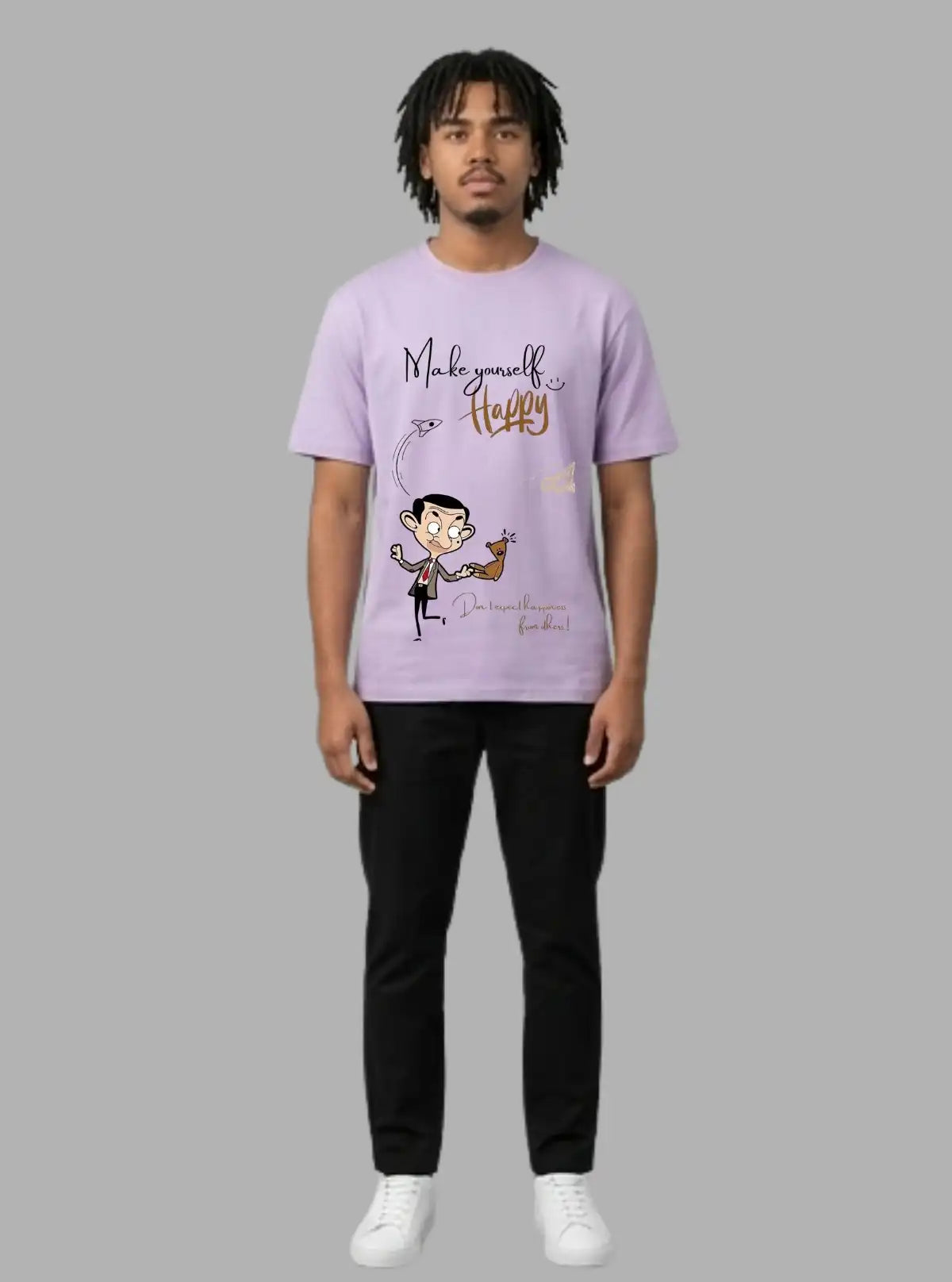 Boer and Fitch Men's Lavender Mr. Bean Printed Cotton T-Shirt | Graphic Crew Neck Tee