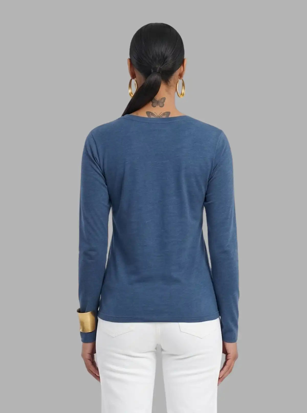 Women's Prussian Blue Crew Neck Wave Print Cotton Jersey Long Sleeve T-Shirt by Boer and Fitch