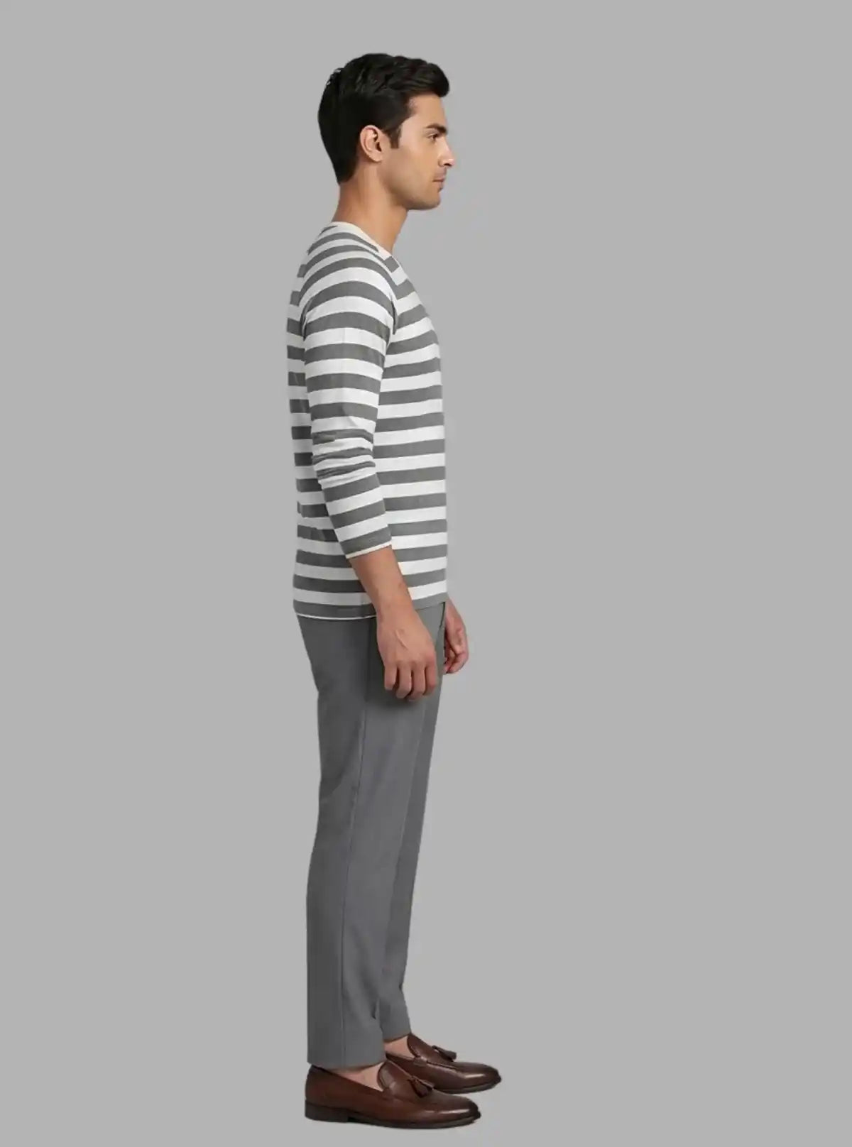 Men’s Grey Striped Full Sleeve V-Neck T-Shirt – Classic Comfort & Style