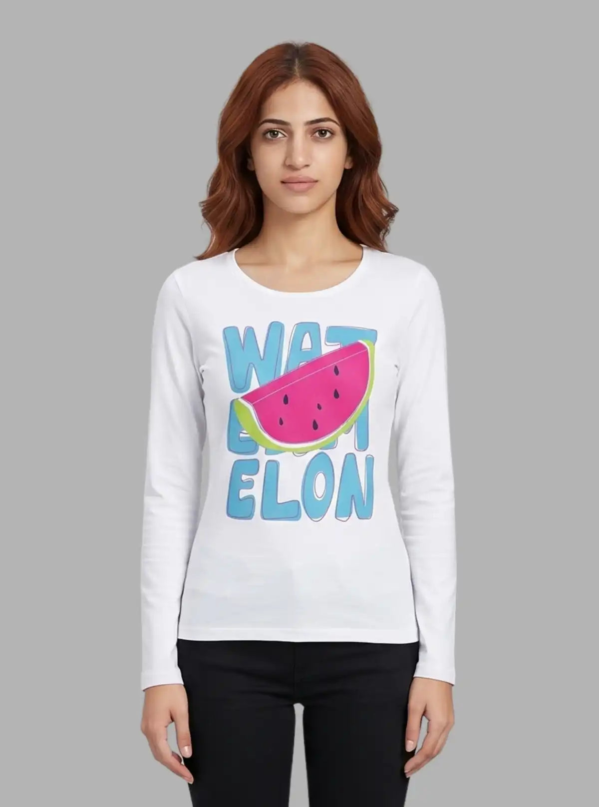 Women's White Crew Neck Printed Long Sleeve Cotton Jersey T-Shirt by Boer and Fitch