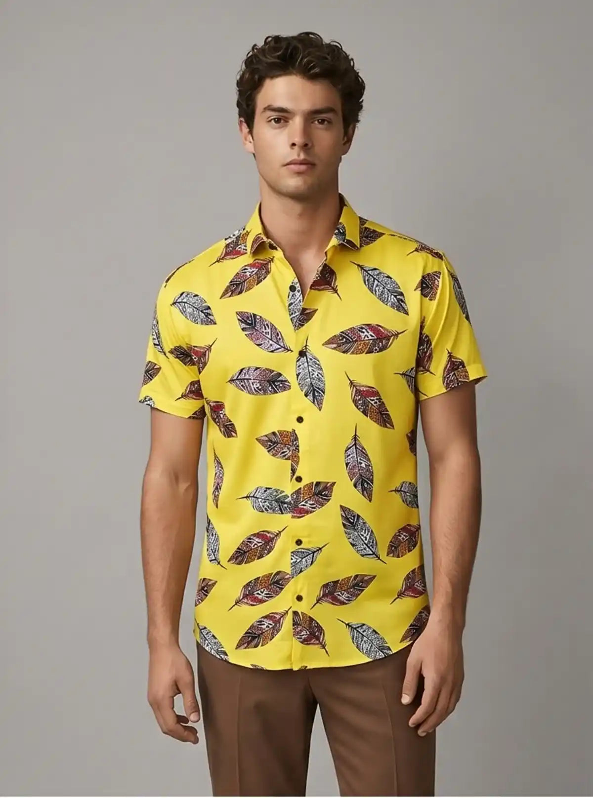 Men’s Yellow Feather Printed Poly Shirt – Lightweight & Stylish by Boer & Fitch