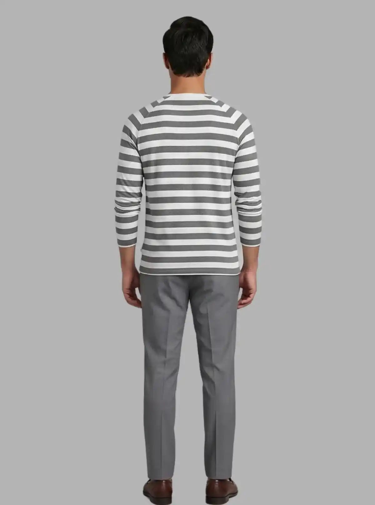 Men’s Grey Striped Full Sleeve V-Neck T-Shirt – Classic Comfort & Style