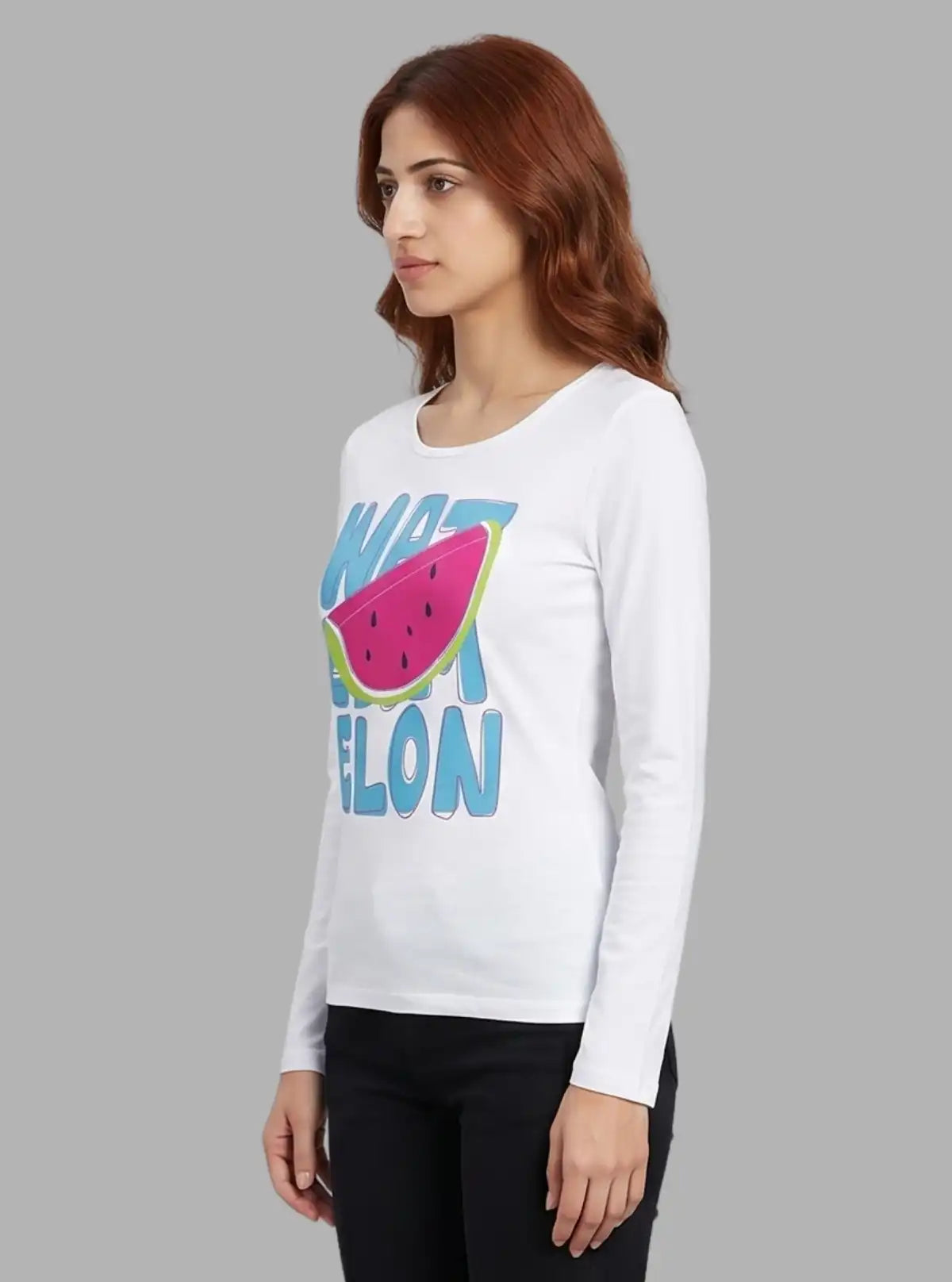 Women's White Crew Neck Printed Long Sleeve Cotton Jersey T-Shirt by Boer and Fitch