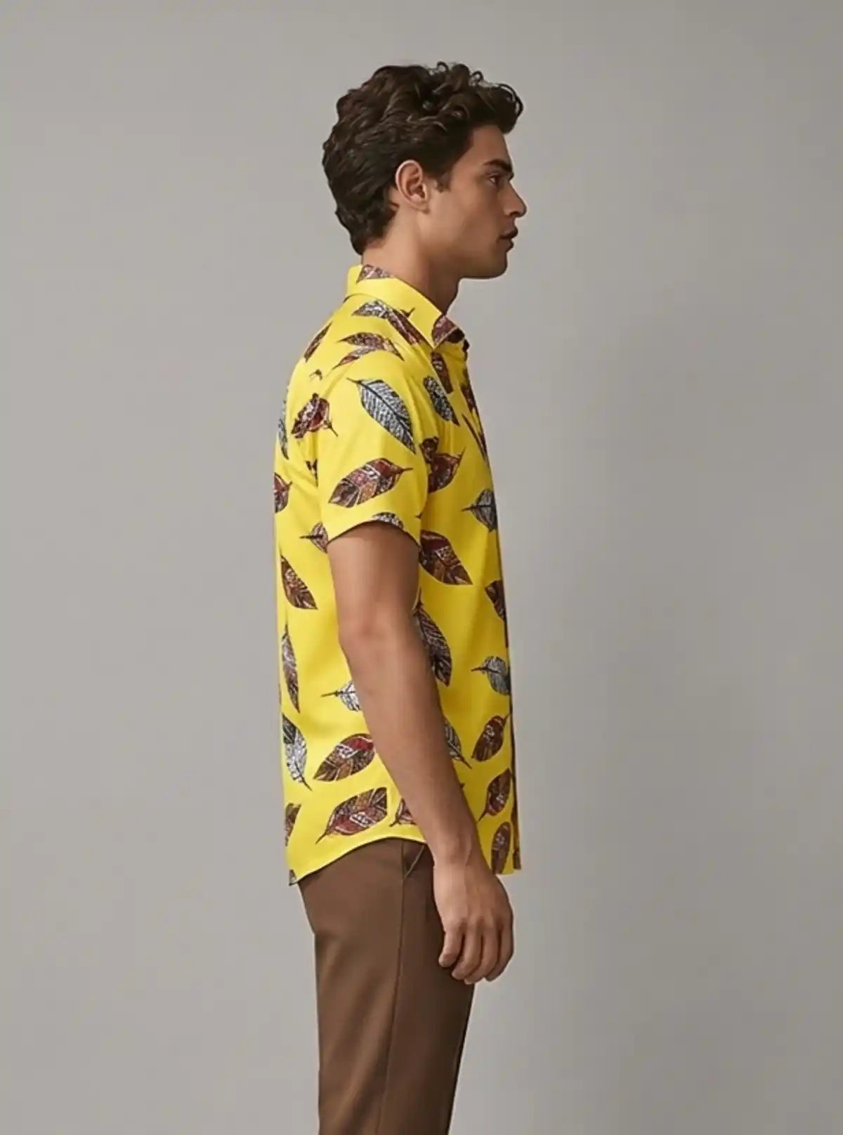 Men’s Yellow Feather Printed Poly Shirt – Lightweight & Stylish by Boer & Fitch