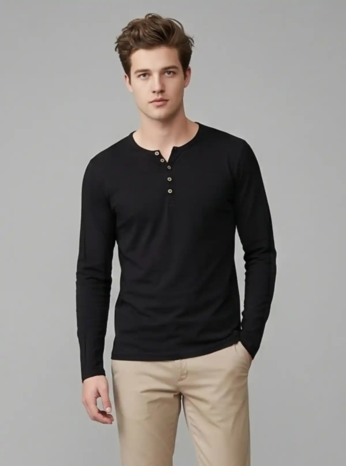 Men’s Black Waffle Knit Henley T-Shirt – Classic, Textured Comfort