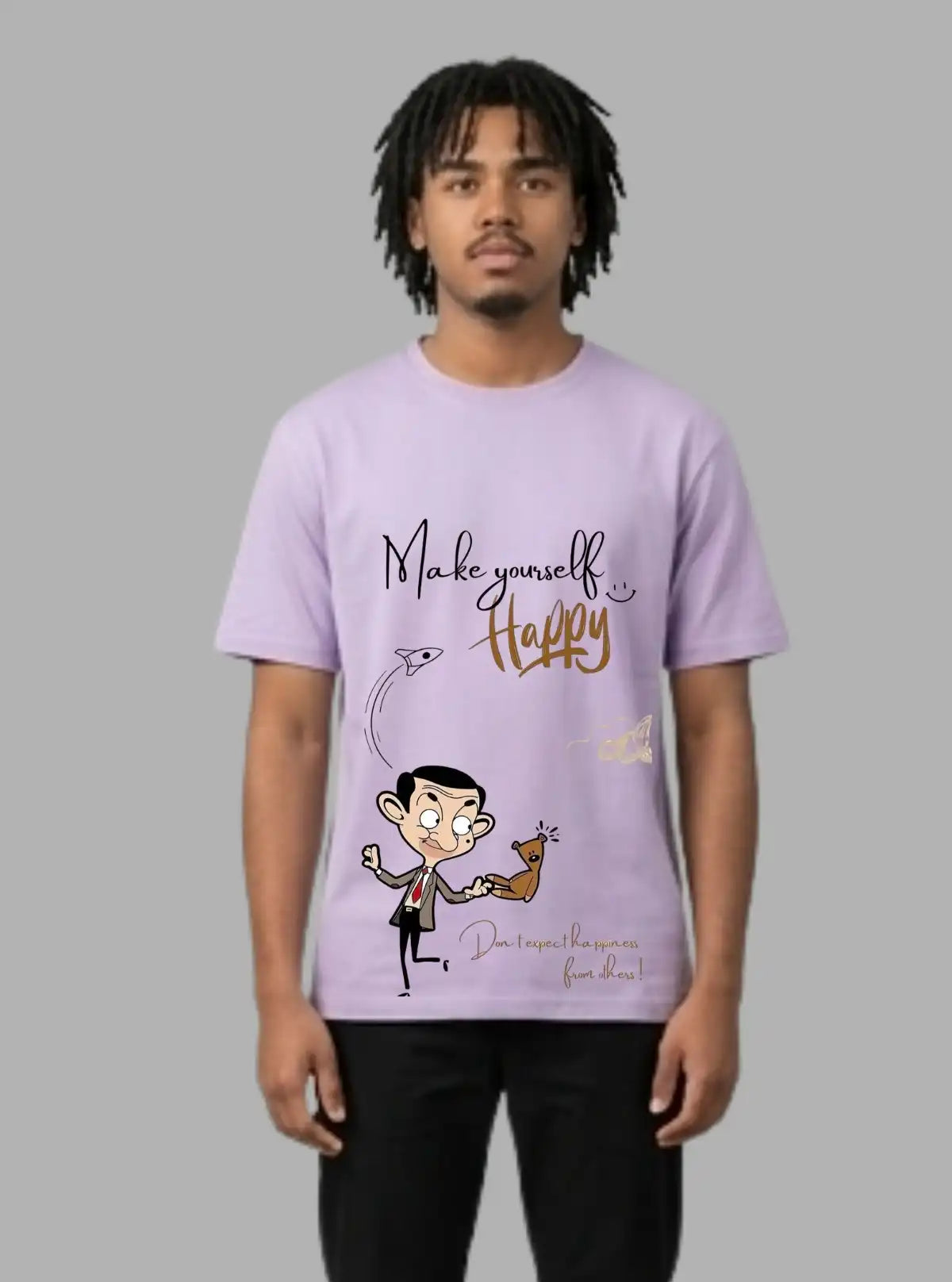Boer and Fitch Men's Lavender Mr. Bean Printed Cotton T-Shirt | Graphic Crew Neck Tee