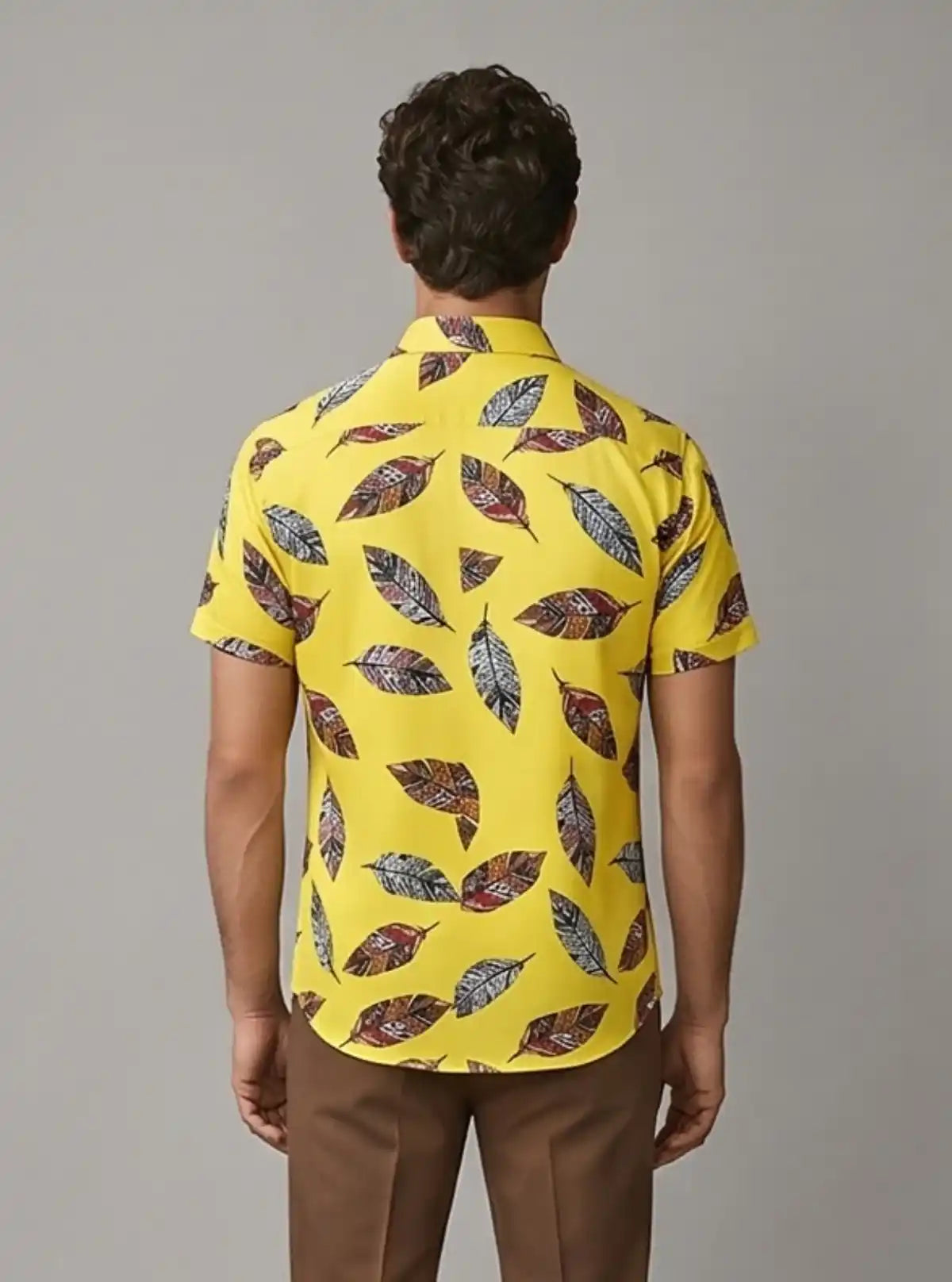 Men’s Yellow Feather Printed Poly Shirt – Lightweight & Stylish by Boer & Fitch