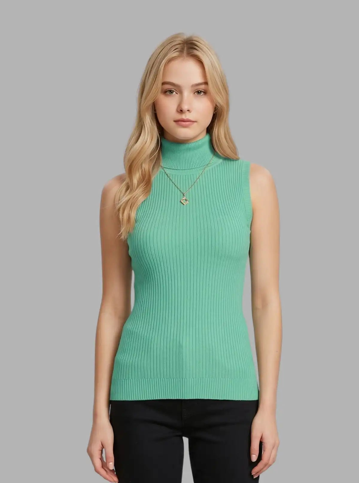 Women’s Green Roll-On Neck Sleeveless Top – Stylish & Comfortable | Boer & Fitch