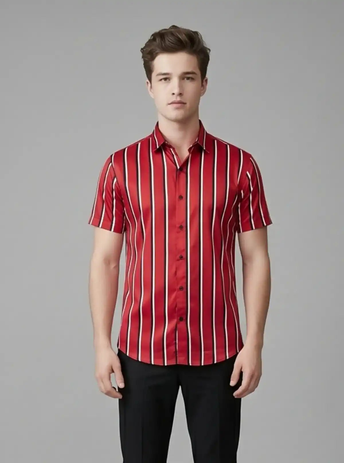 Men’s Red Vertical Striped Printed Poly Shirt – Sleek Casual Style by Boer & Fitch