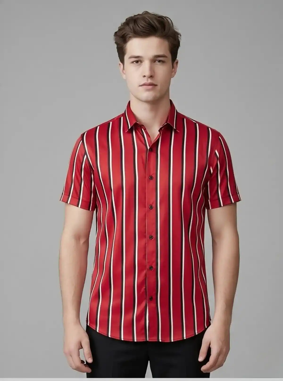 Men’s Red Vertical Striped Printed Poly Shirt – Sleek Casual Style by Boer & Fitch