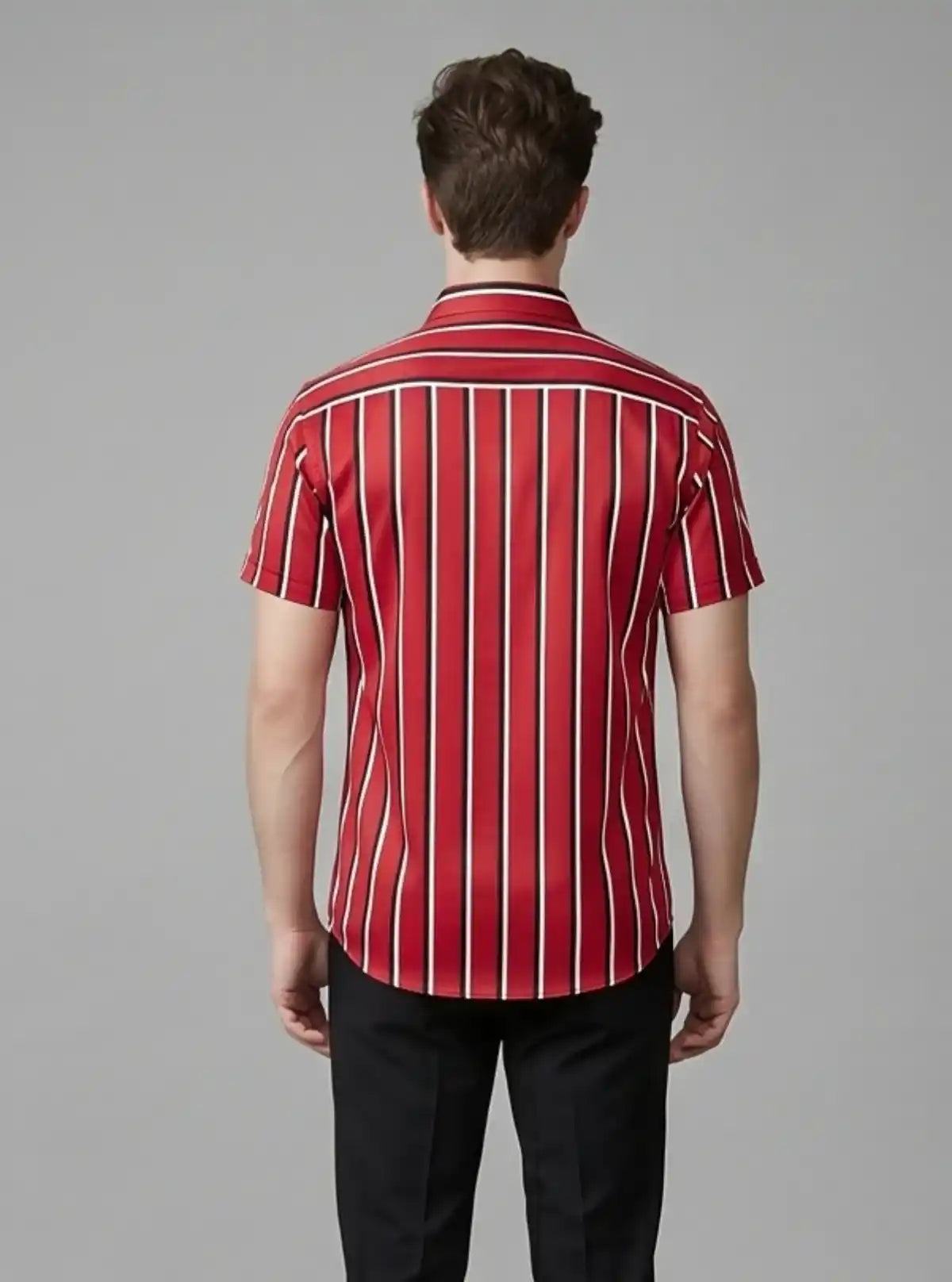Men’s Red Vertical Striped Printed Poly Shirt – Sleek Casual Style by Boer & Fitch