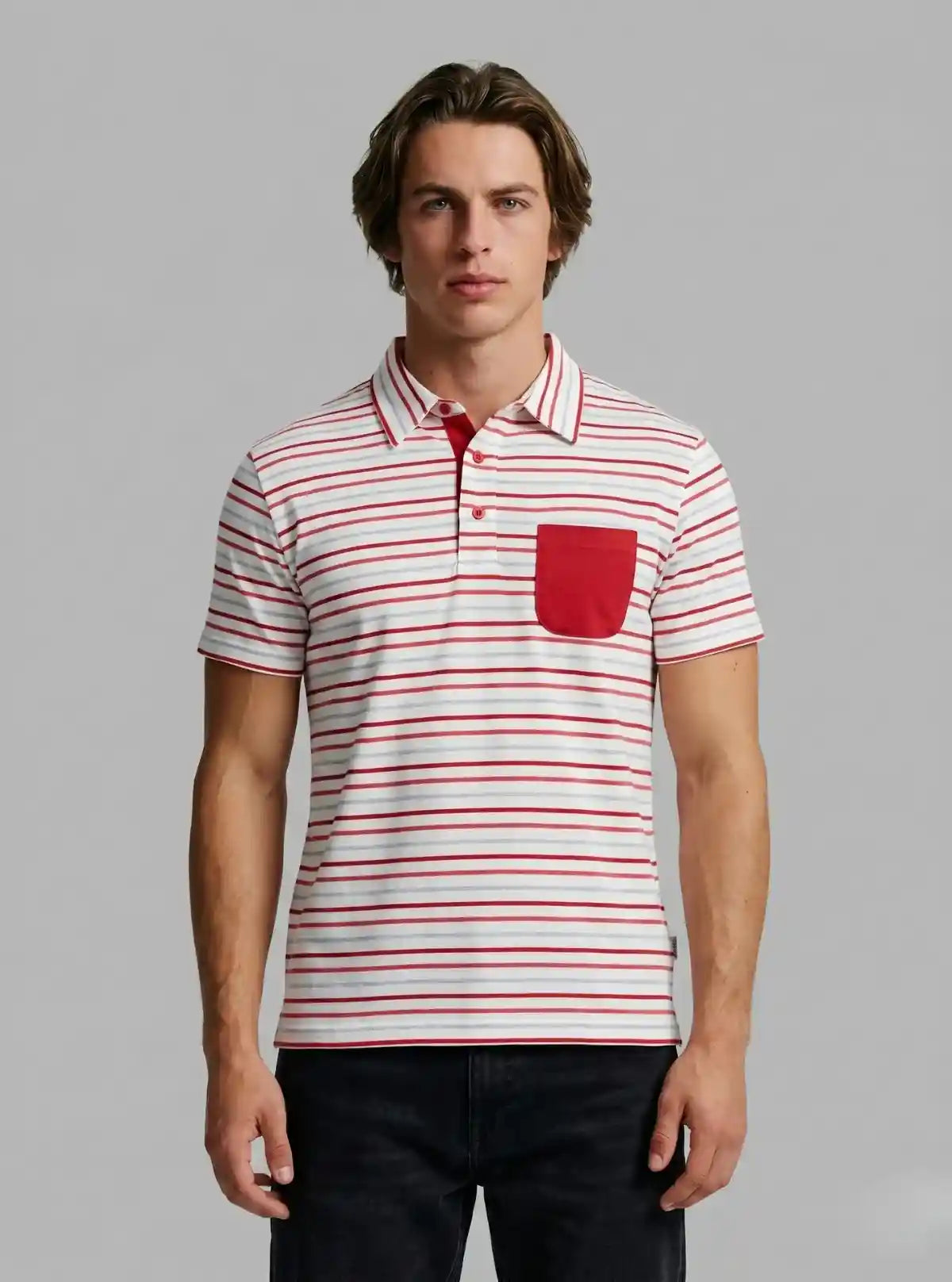 Men’s Red Striped Polo T-Shirt with Patch Pocket – Smart, Bold & Everyday Ready