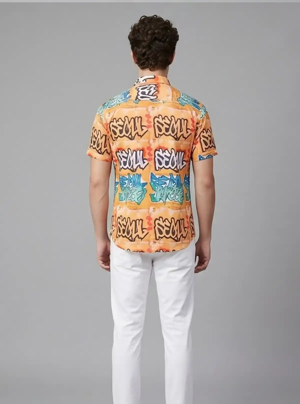 Men’s Yellow Seoul Graphic Print Shirt in Polyester Spun | Boer & Fitch
