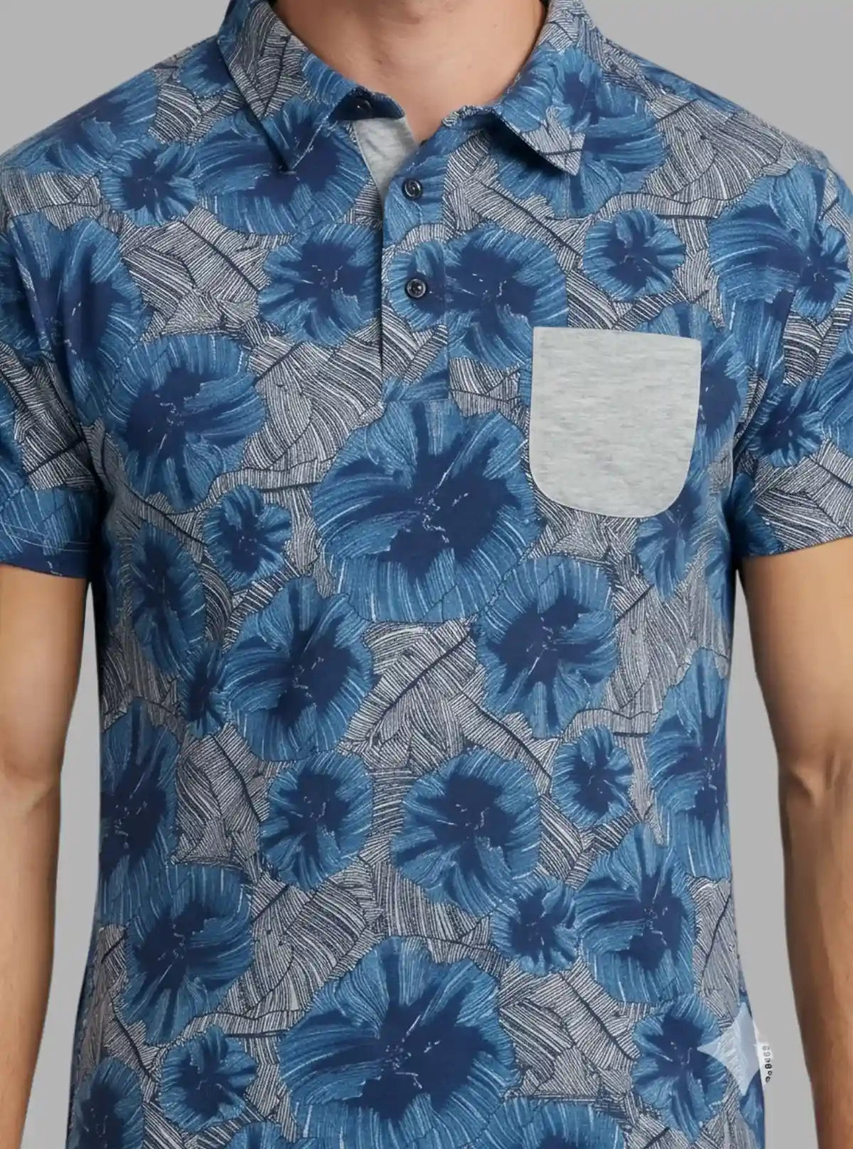 Men’s Blue Abstract Print Polo T-Shirt with Patch Pocket – Artistic & Modern Fit