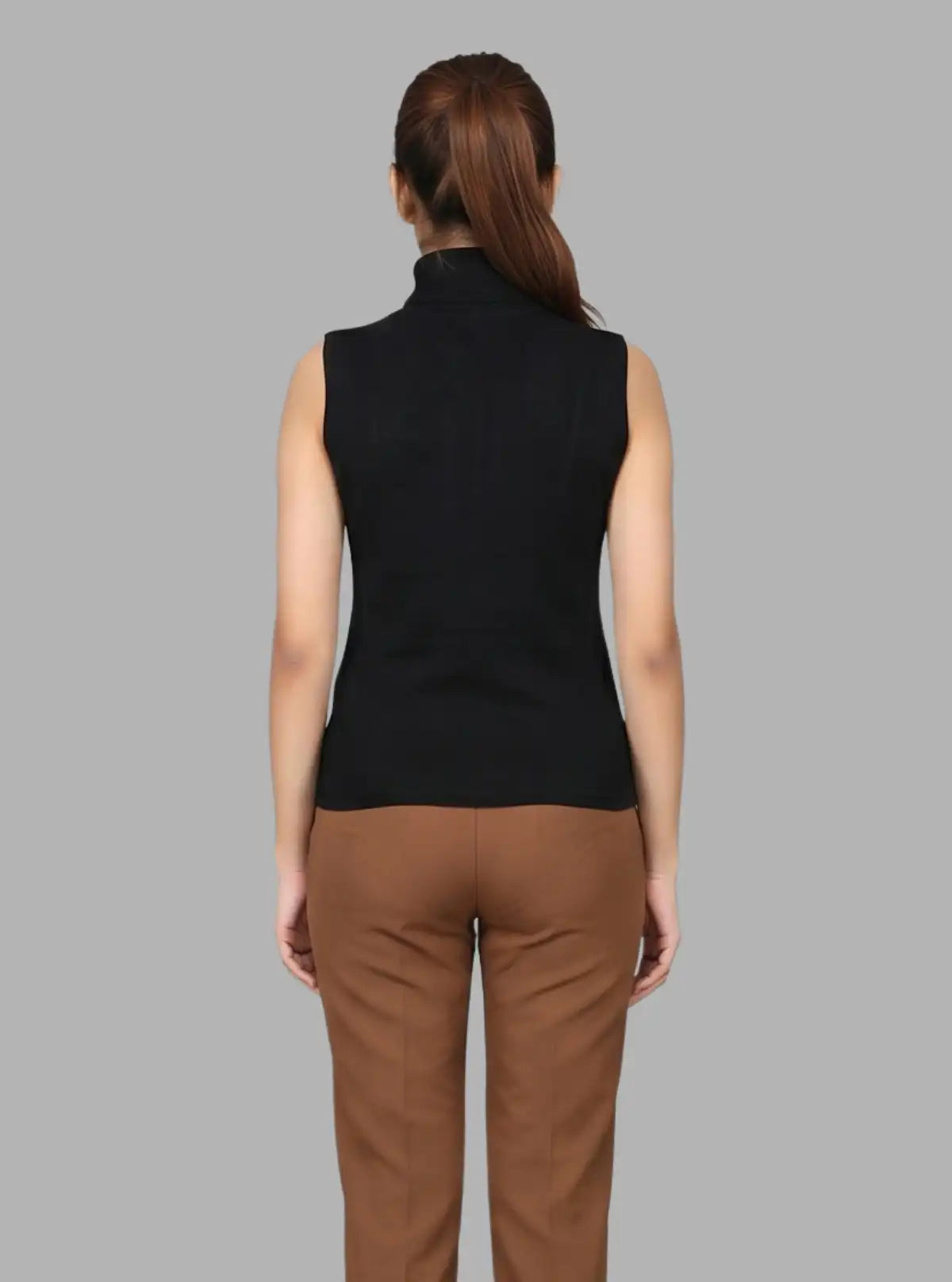 Women’s Black Sleeveless Cotton Ribbed Turtle Neck Top