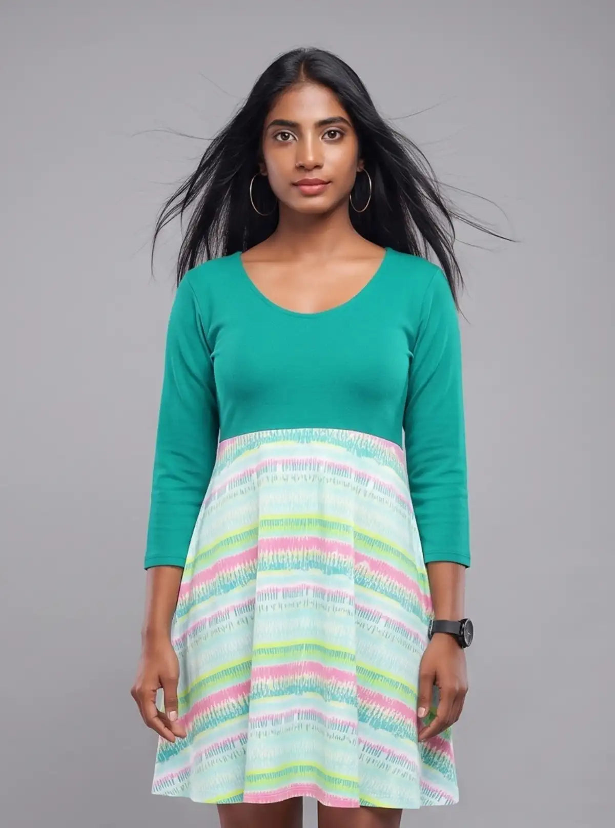 Women's Green Graphic Sweep Dress in 100% Cotton Feather Touch Fabric