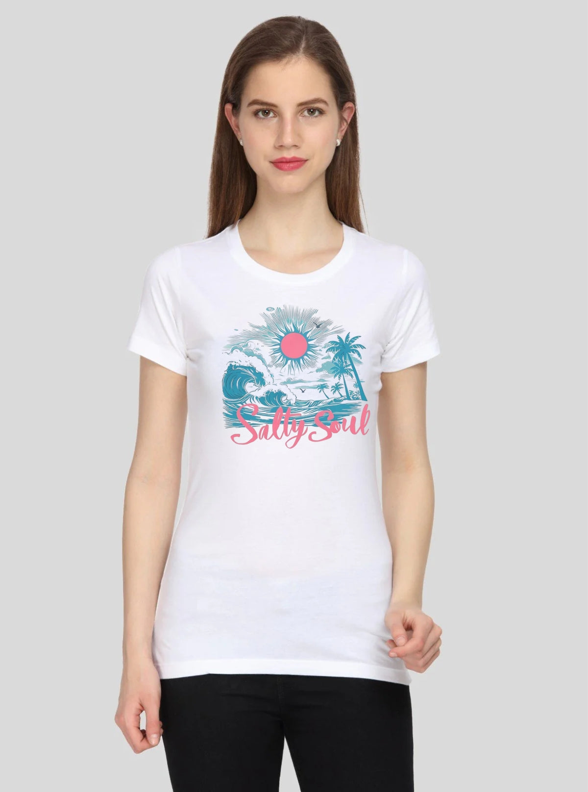 Women's White  Crew Neck Printed T-Shirt | Boer and Fitch