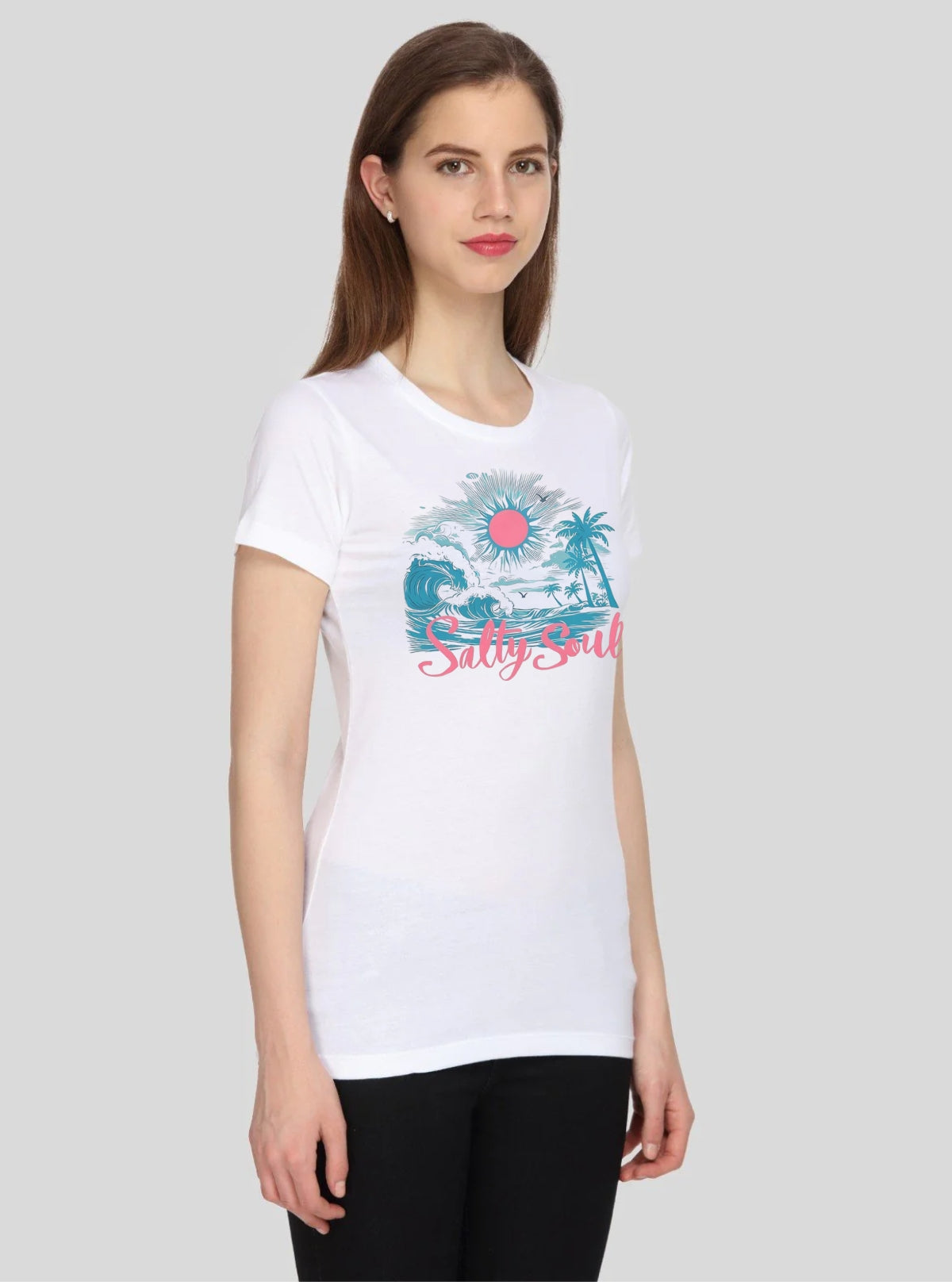 Women's White  Crew Neck Printed T-Shirt | Boer and Fitch