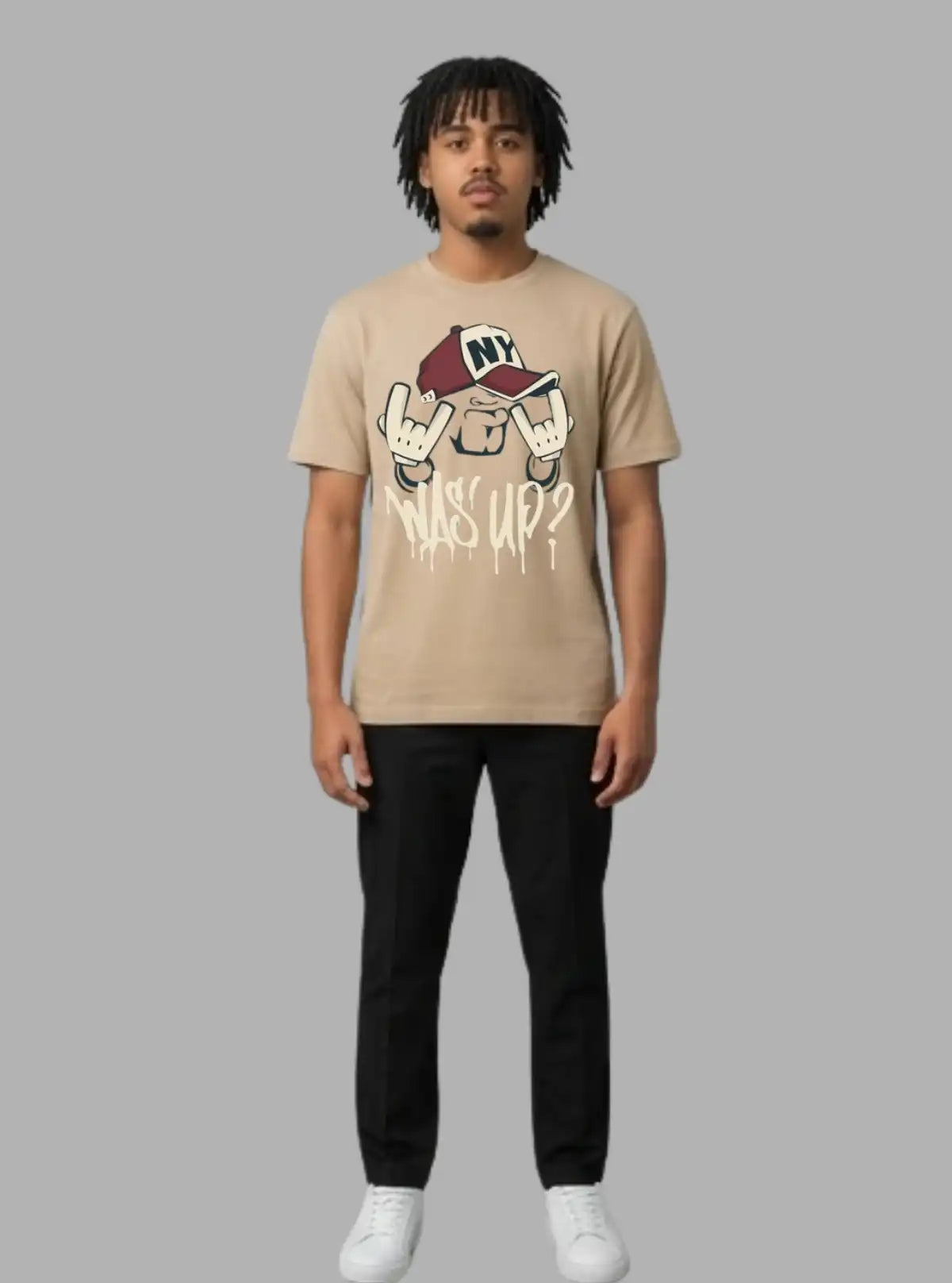 Boer and Fitch Men's Beige "Wassup" Printed Cotton T-Shirt | Graphic Crew Neck Tee