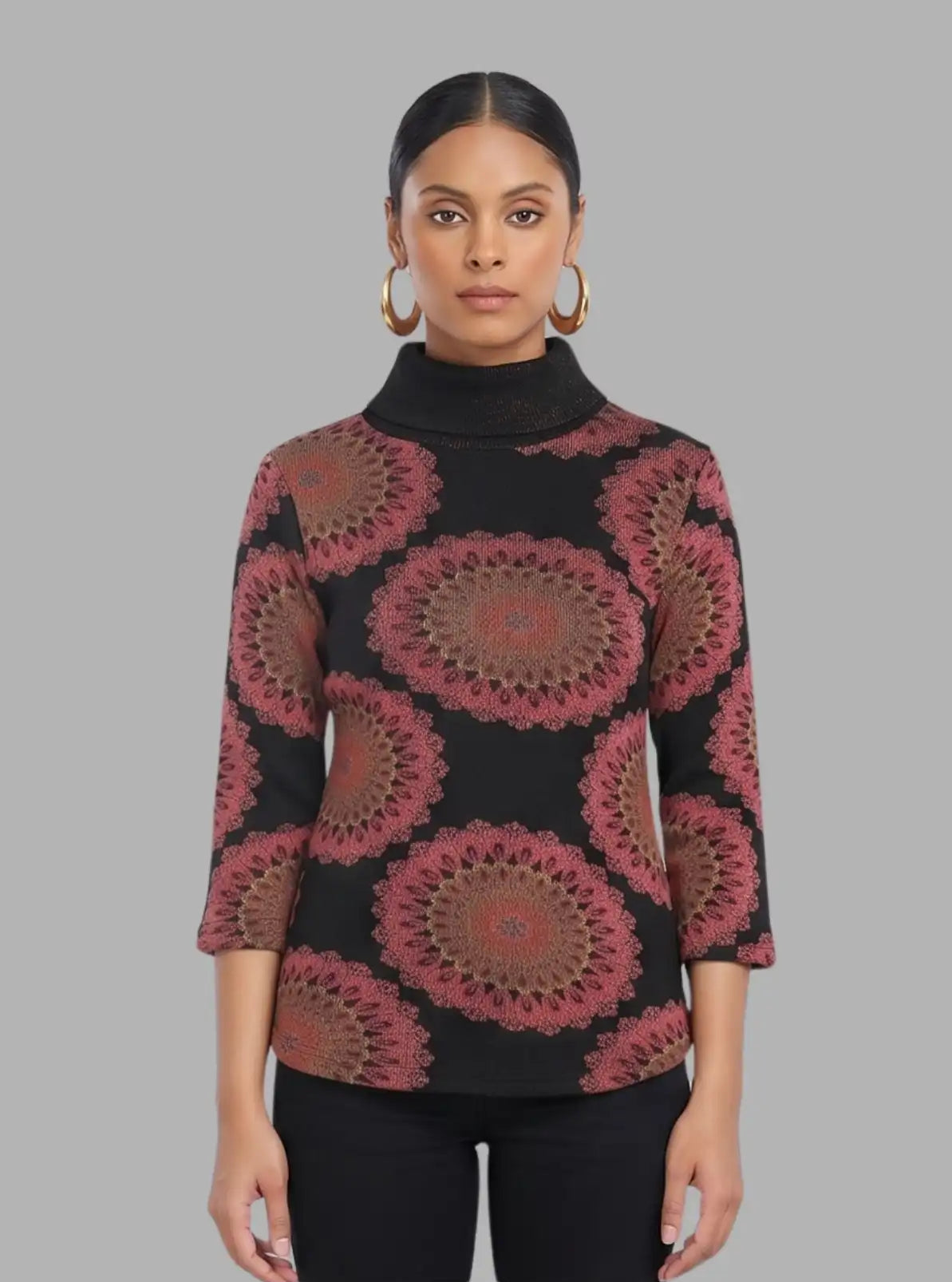 Women’s Burgundy Floral Print Ribbed Turtle Neck Pullover – 3/4 Sleeve