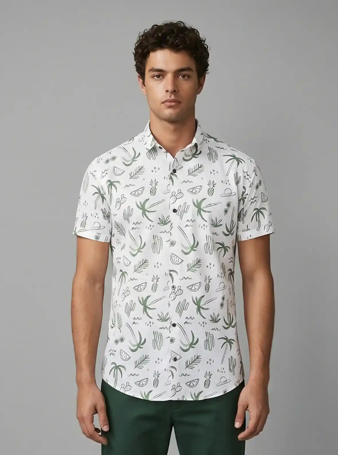 Men’s White Short Sleeve Shirt with Green Tree Print | Boer & Fitch