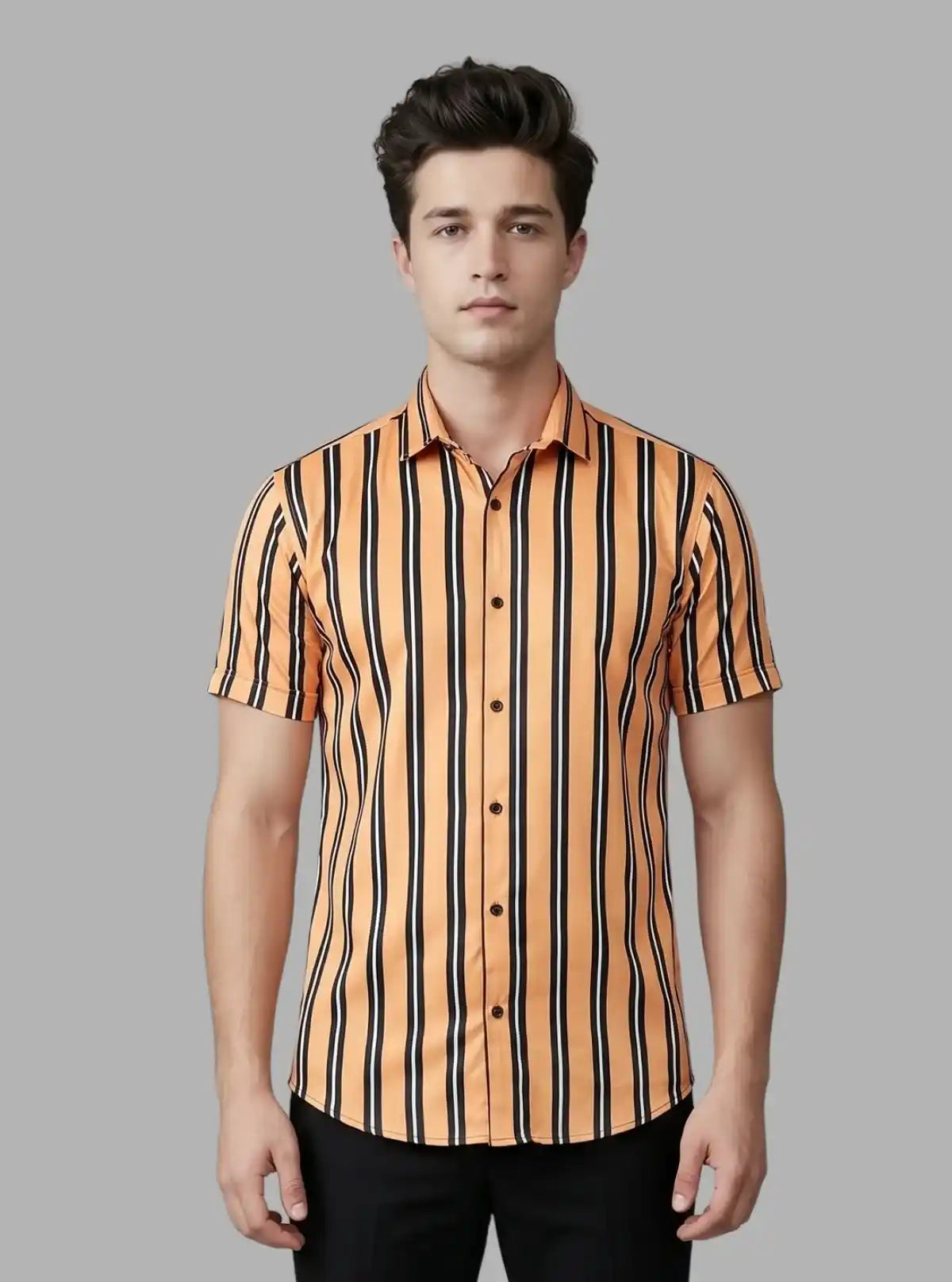 Men’s Yellow Vertical Striped Printed Poly Shirt – Modern Slim Fit by Boer & Fitch